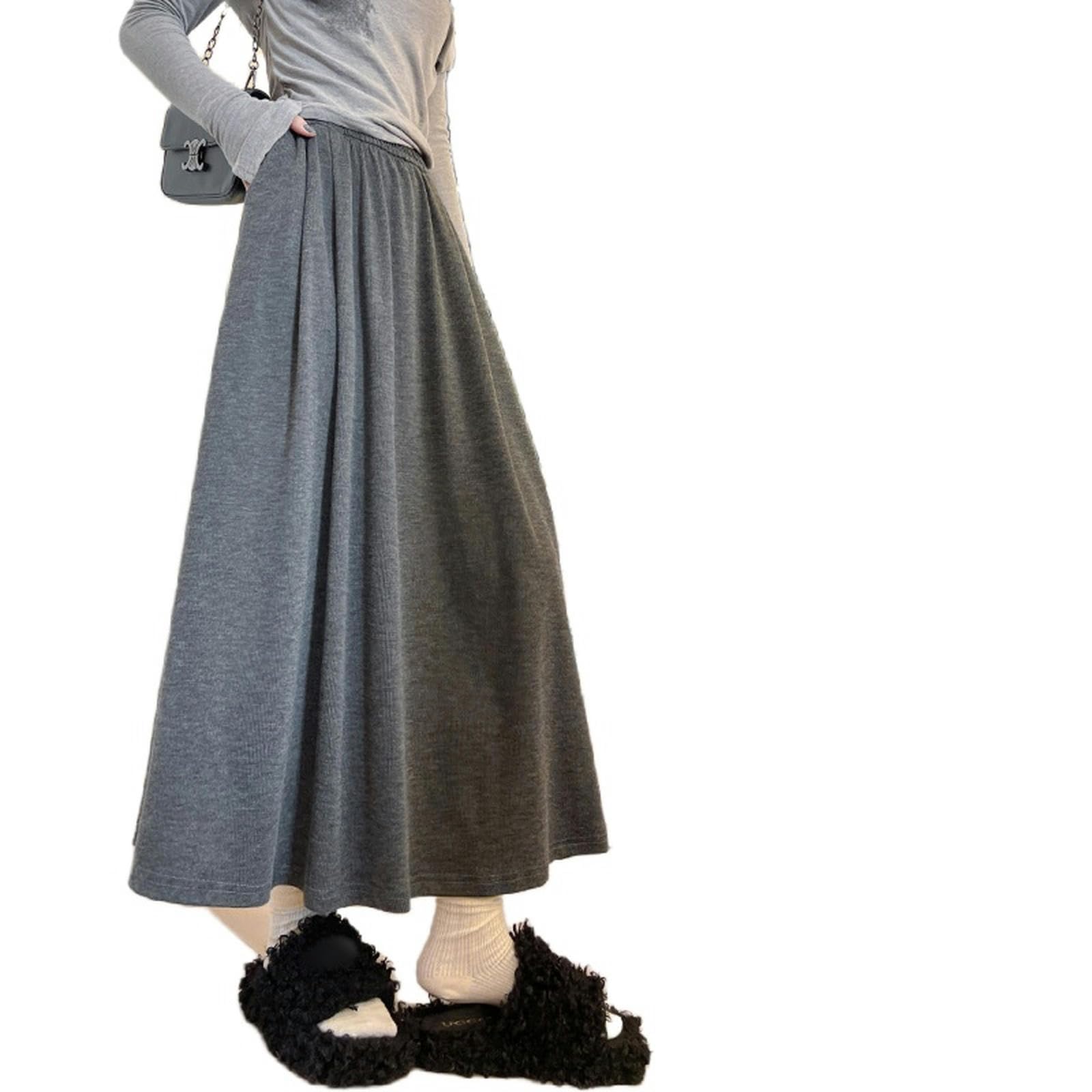 Spódnica z dzianiny kleisty ryż spódnica dla kobiet jesień i zima styl college casual wysoka talia wąska linia linia długa spódnica-czarna A-xl
