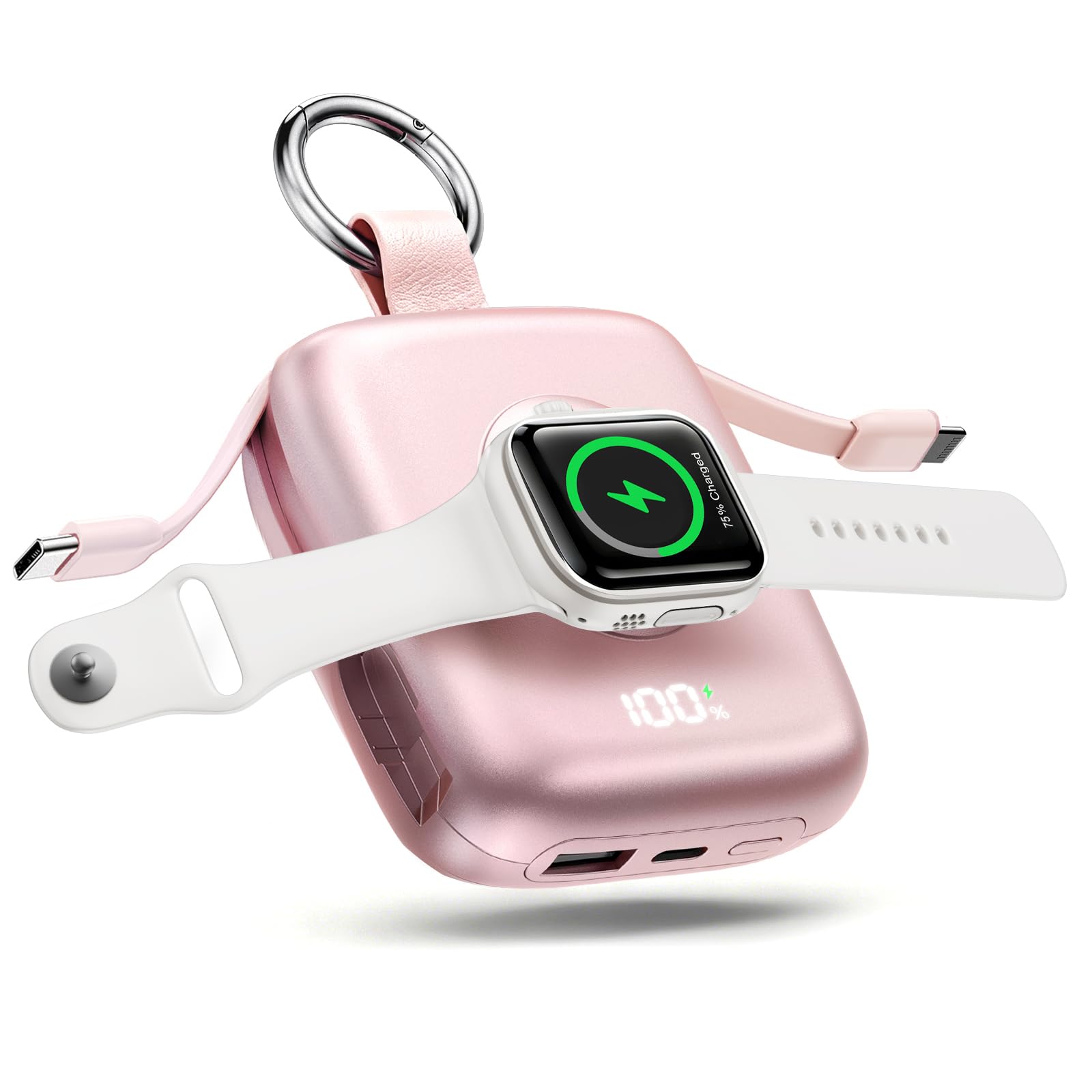Chargeur portable, 10 000 mAh, 22,5 W maximum, charge rapide avec câbles intégrés, porte-clés de voyage pour iPhone 17/16/15/14/13/12 et iWatch Ultra/11/10/9/8/7/6/5, rose