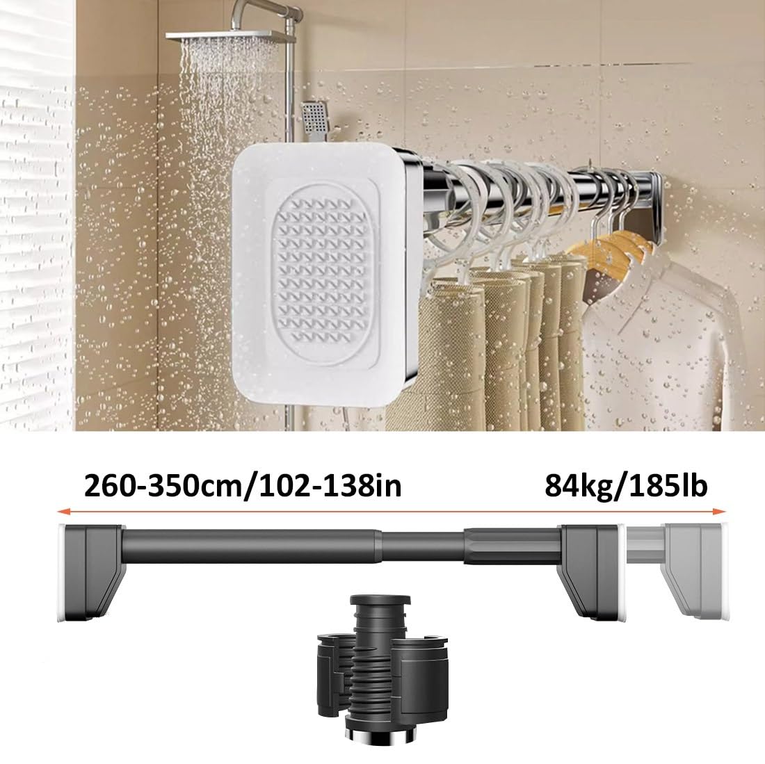 Barra sin taladrar para separador de ducha y balcón, color negro, se adapta a 260-350 cm, diseño