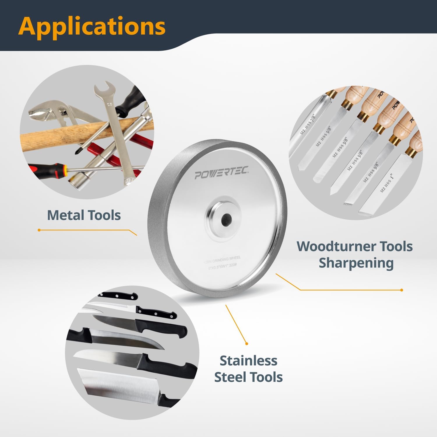 POWERTEC CBN Grinding Wheel 6 Inch 320 Grit, 1" Wide, 1/2" Arbor – Bench Grinder Sharpening Wheel for HSS Tools, Lathe Chisels, and Woodturning Tools (15703)