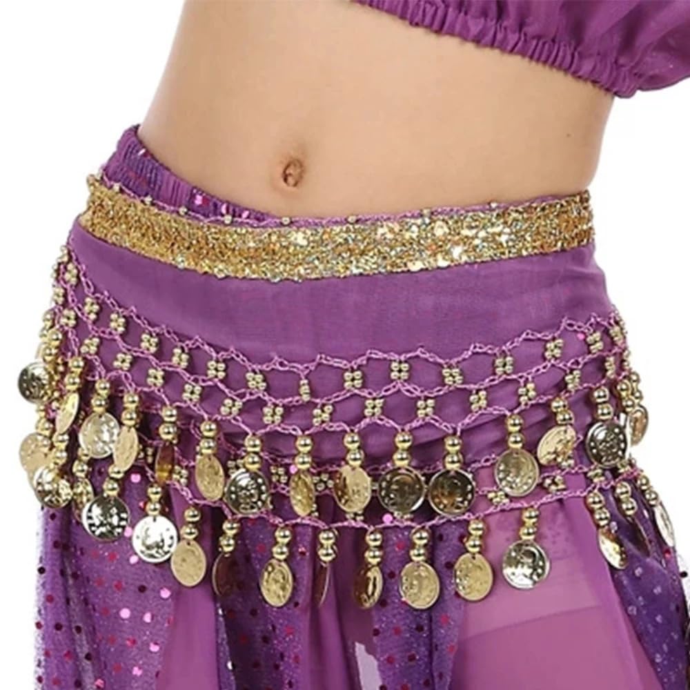 Mitinger Purple Belly Dance Skirt Metal Coins Child Waist Chain Hip Scarf Child Belly Dance Dance Belt For Kids Dacning Waist Belt Chain(Purple)