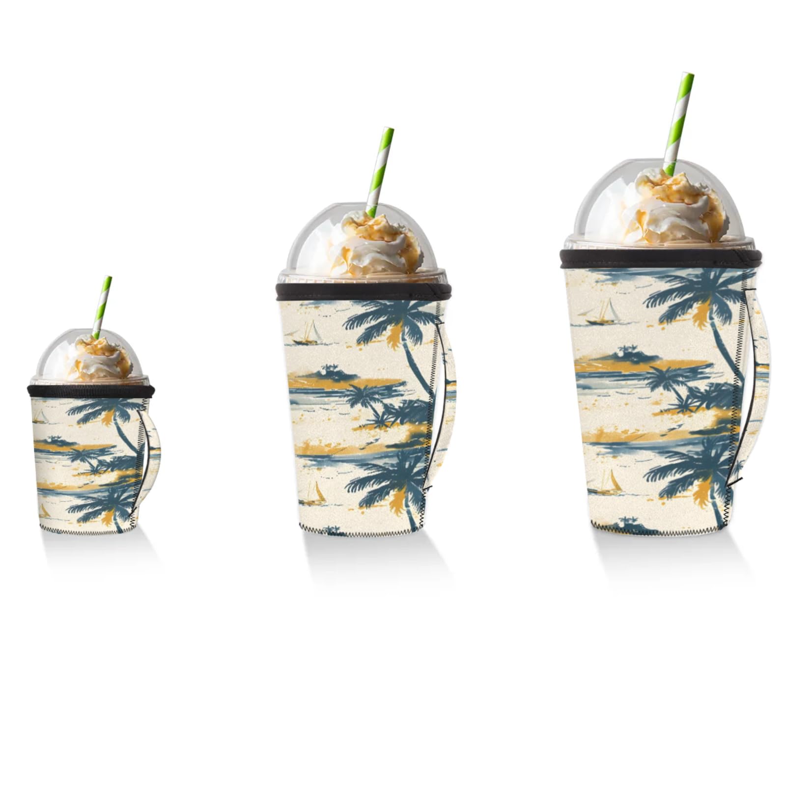 Hand Painted Ocean Sailboat Coconut Tree Reusable Neoprene Coffee Sleeve with Handle Insulated Iced Coffee Cup Holder Reduces Condensation Fits 24-28 oz Cups M