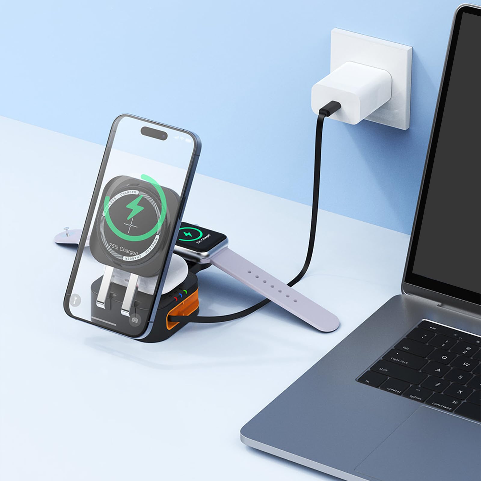 Chargeurs de Smartphone sans Fil magnétiques compacts Chargeurs Rapides 15 W avec câble rétractable pour Montre de téléphone et écouteurs Appareil sans Fil Rapide