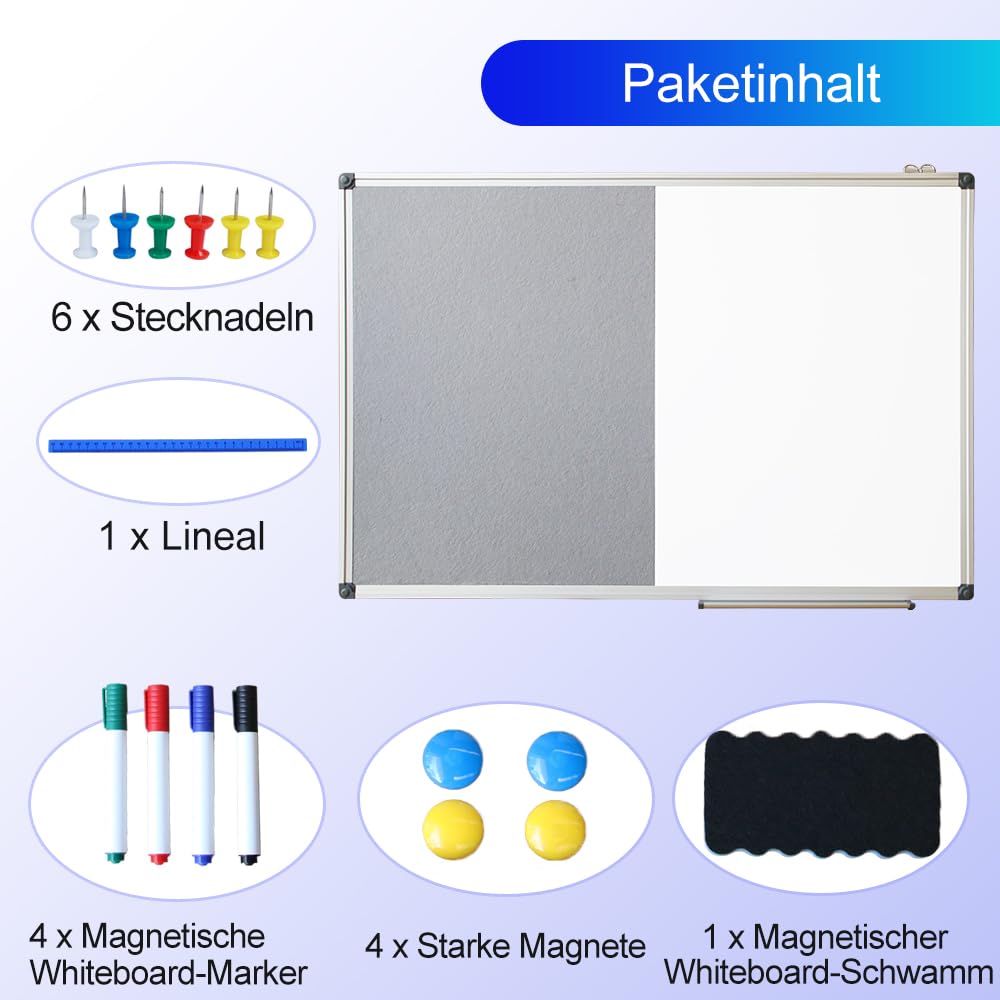 XIWODE Whiteboard Magnetisch & Pinnwand Filz - 2in1 Kombitafel: Magnettafel 90x60, Weiße Abwischbare Magnetwand, Graue Filzwand inkl. Zubehör zum Aufhängen an der Wand für Zuhause, Büro, Schule