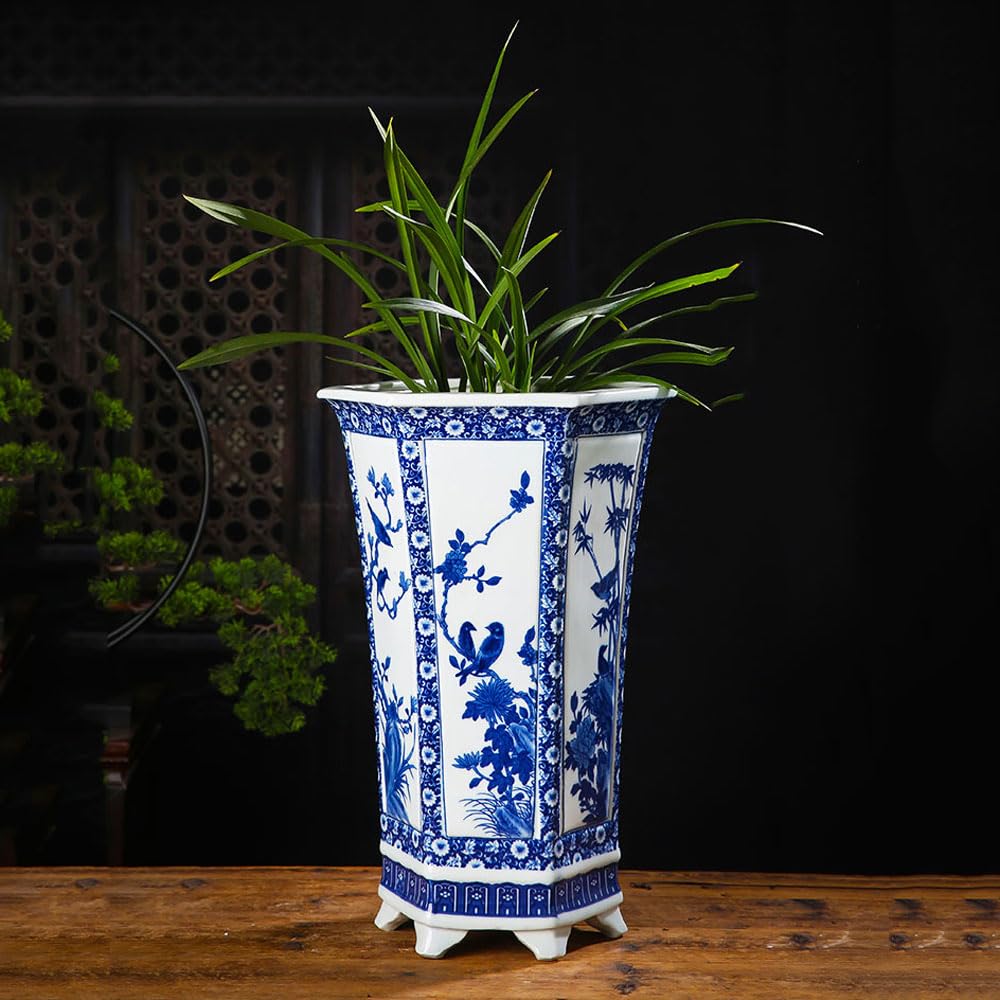 SWENEEN 17In High Blue And White Porcelain Flowerpot Plants Pots Nursery Plant Pots Planter Indoor Chinese Porcelain Planter Oriental Planter Ceramic Succulent Planter Orchid Pla,