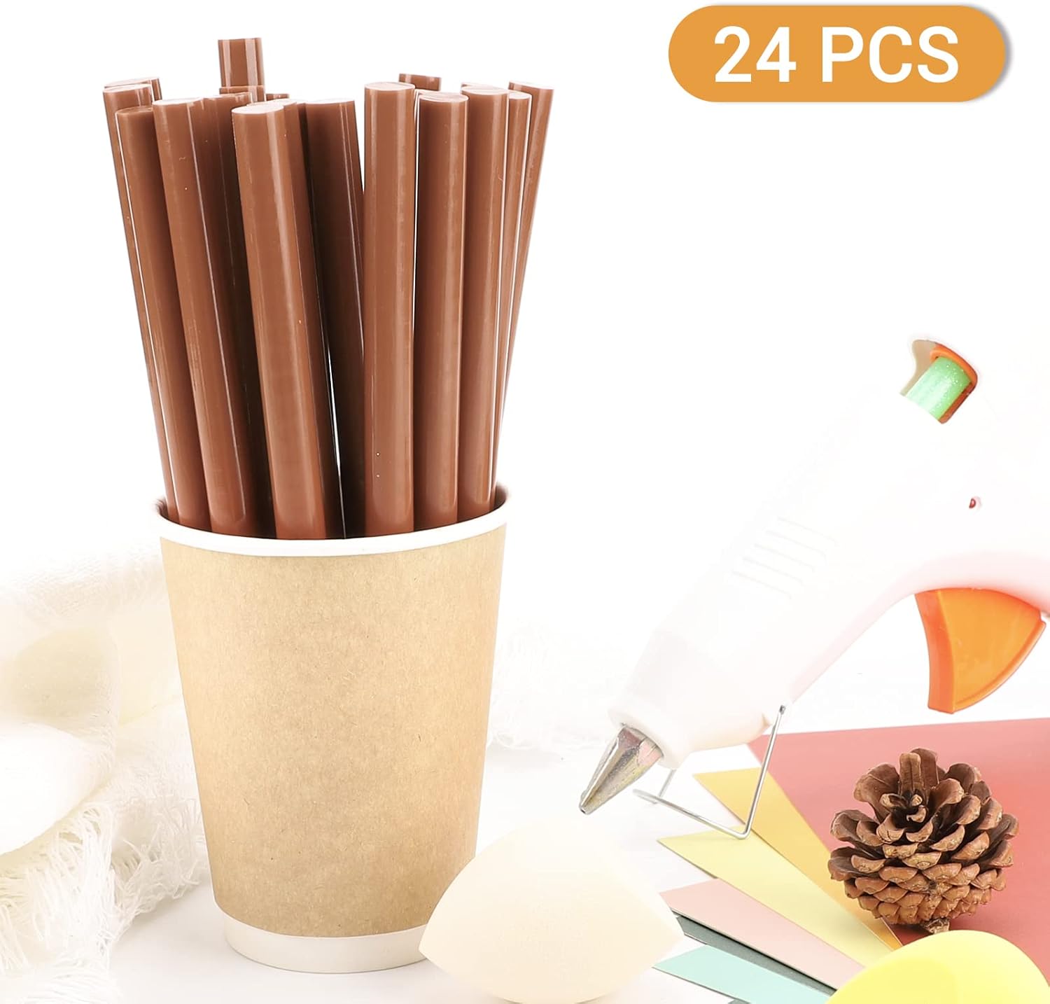 Brown Hot Glue Stick, 24 PCS 0.43" Dia x 8" Long Fbric Glue Sticks for Craft, Adhesive Hot Melt Gluing Sticks for Crafting, Woodworking, Decoration, Bonding Repair, Wax Sealing
