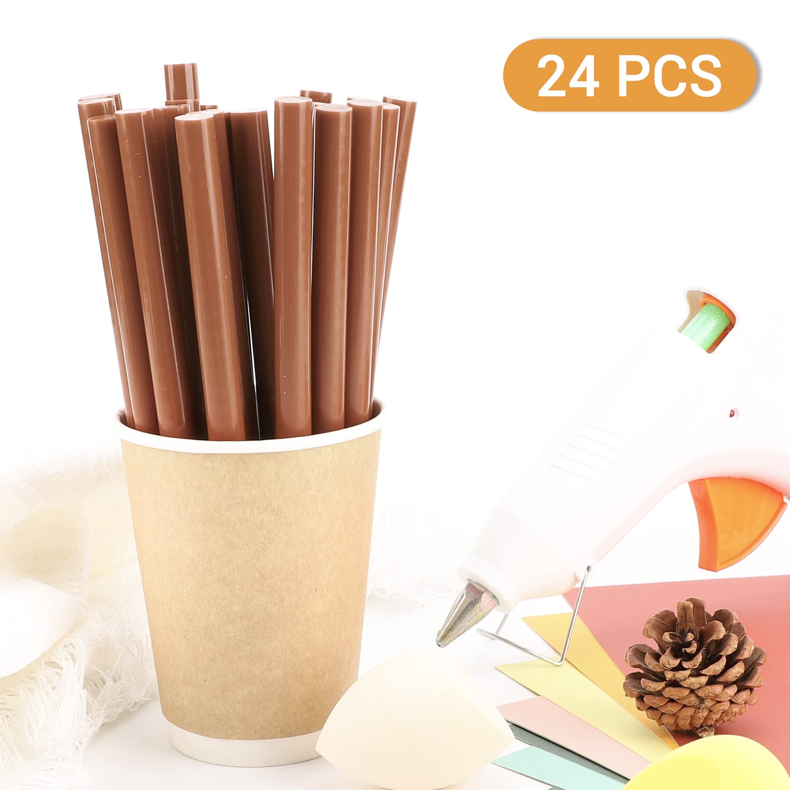 Barra de pegamento caliente marrón, 24 unidades de 0.43 pulgadas de diámetro x 8 pulgadas de largo para manualidades, barras adhesivas de pegamento termofusible para manualidades, carpintería