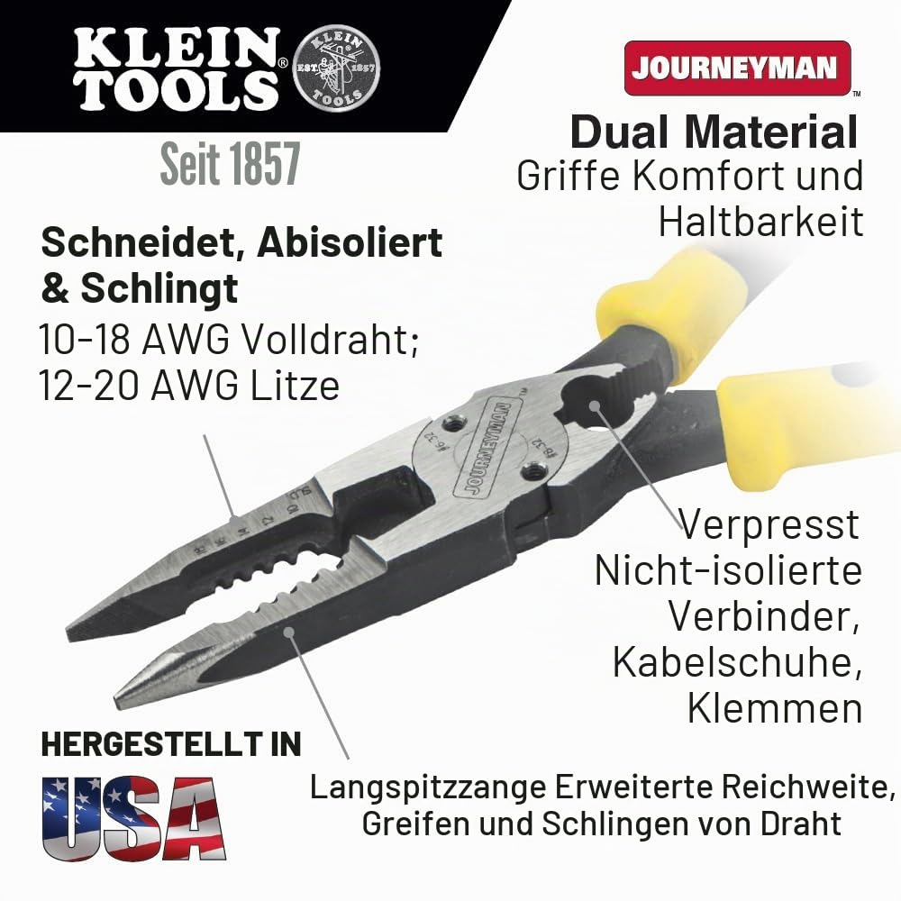 Spitzzange mit Crimpzange, Allzweckzange, Crimps, Streifen, Schnitte, Schlaufen und Schere, KLEIN TOOLS J207-8CR, Gelb/Schwarz