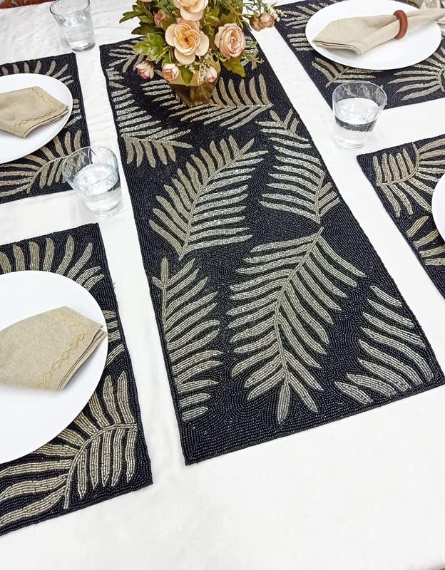 Image of Made for You Beautiful Beaded Handmade Table Runner (Size-13x36-Inch, 1 Runner (Black & Golden, Rectangular Design)| Stylish Dining Table Runners | Perfect Home Decoration, Diwali Festival