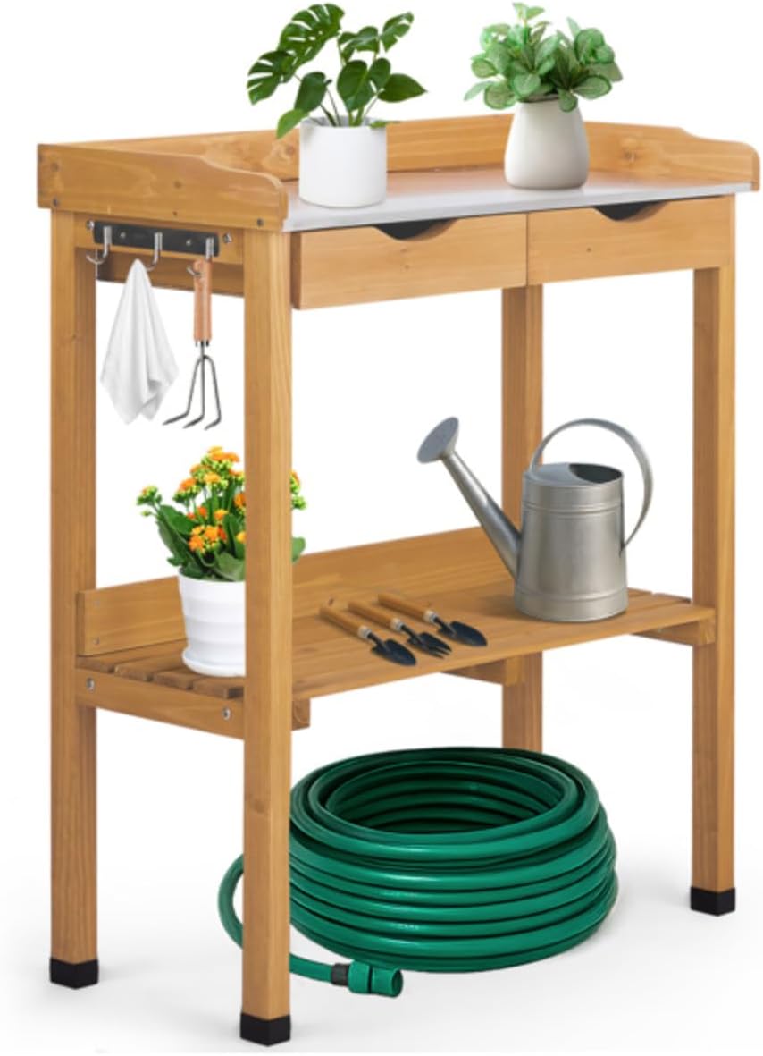 Garden Wooden Potting Bench Work Station Table Tool Storage Outdoor Horticulture Horticulteralist Plant Patio Workbench for Gardening, Storage Shelf (2-Drawers)
