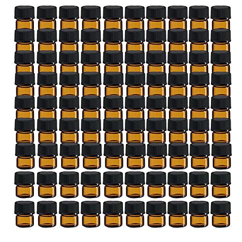 100er Packung Mini-Flaschen mit ätherischem Bernsteinöl, kleine leere Probengläser mit Öffnungsreduzierern und Verschlüssen für Ölmischungen, Parfums, Laborchemikalien (1ml) Cover