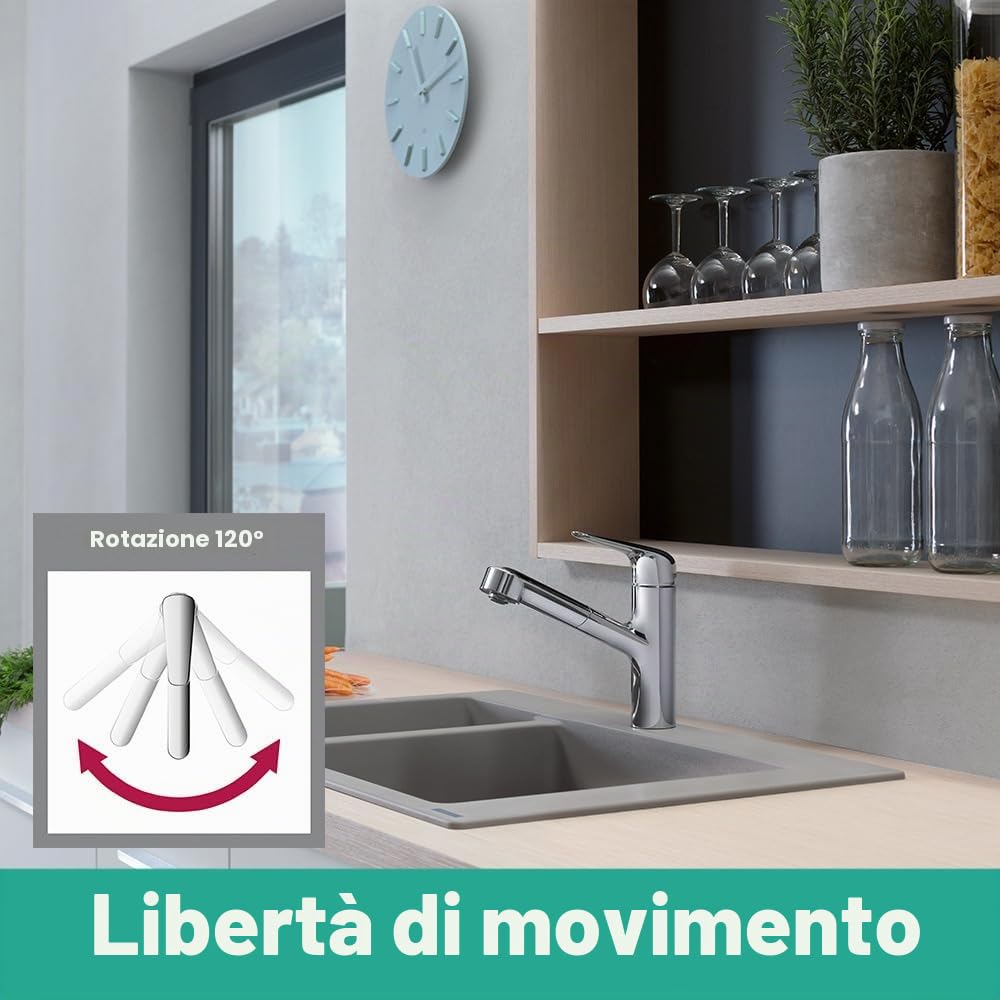 hansgrohe Focus M42 Miscelatore cucina monocomando 150, bocca d'erogazione estraibile, 1 getto, cromo, 71814000