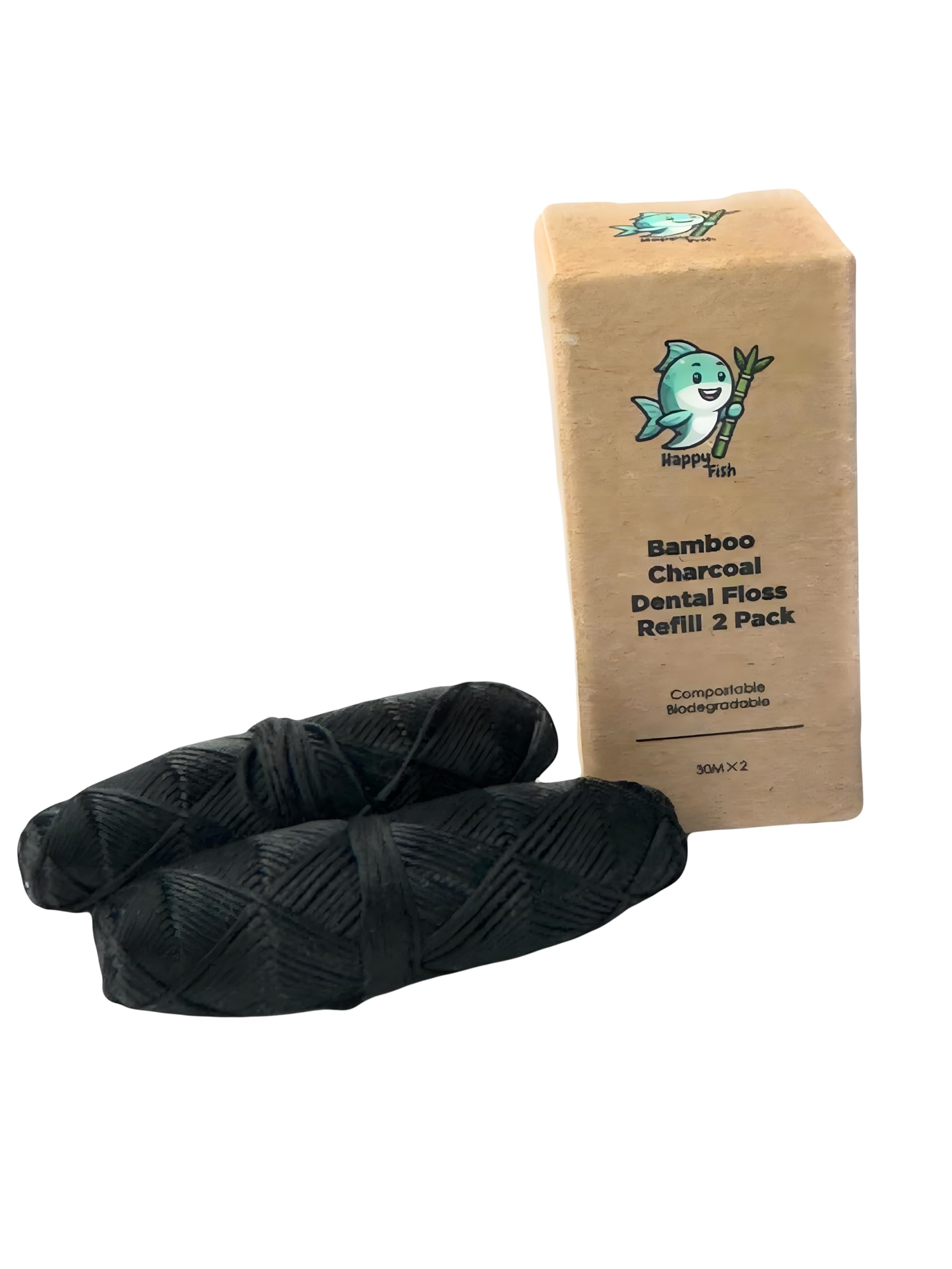 Vegan Biodegradable Happy Fish Dental Woven Floss Bamboo Charcoal Refill Pack, 2 Count