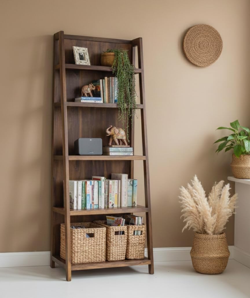 solid sheesham wood ladder bookshelf – 5 tier display rack for living room, bedroom & office | wooden storage shelf | book rack, display unit, organizer shelf (teak)