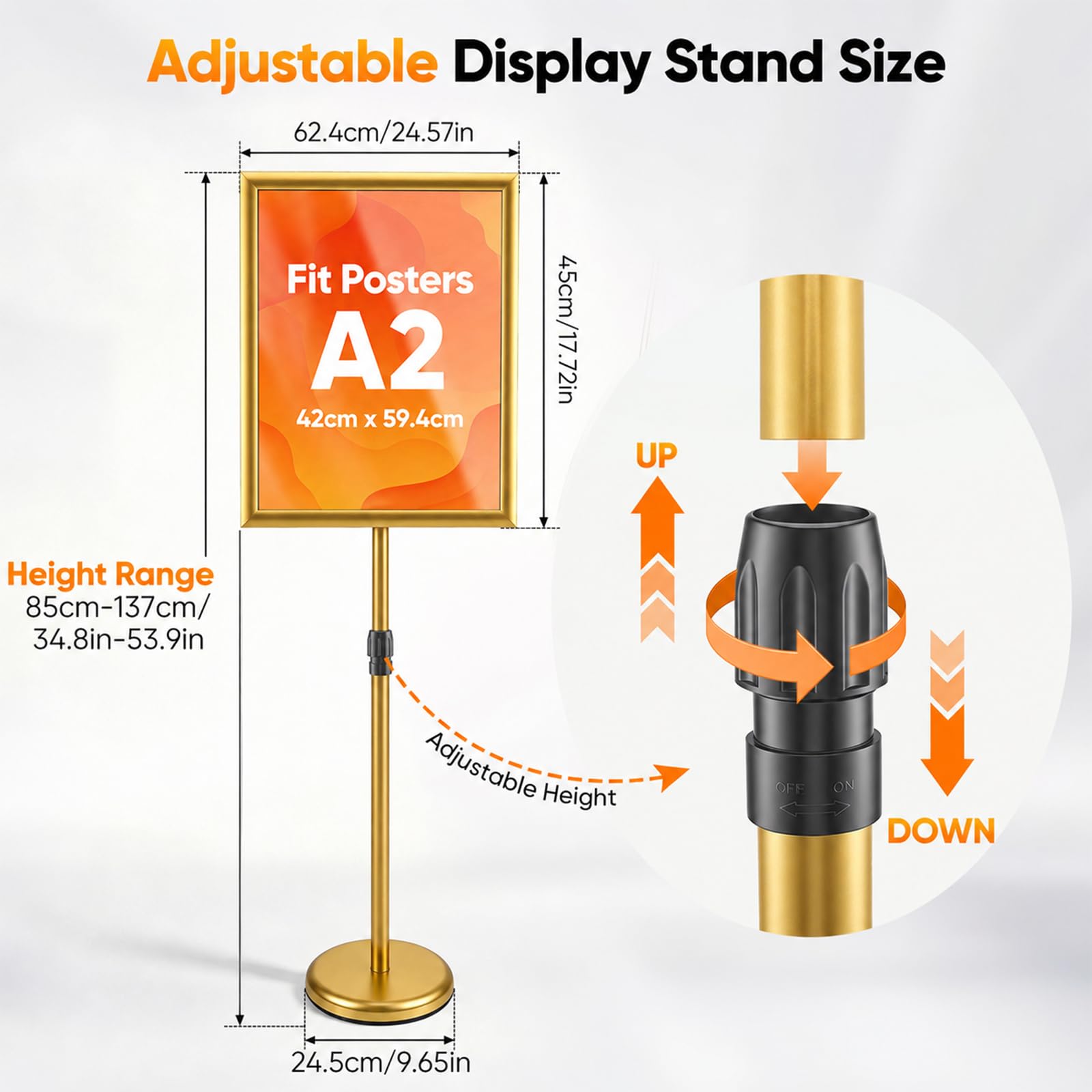 Infoständer DIN A2, Gold Höhenverstellbar Edelstahl Informationsständer mit robuster Standfuß, Bodenstehender Kundenstopper & Werbeständer, Drehbarer Poster Plakatständer