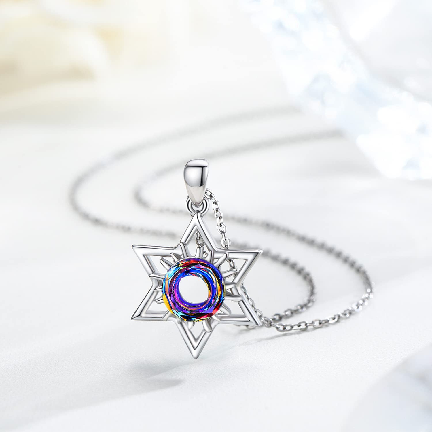 Collana con stella di David S925 in argento Sterling con ciondolo a forma di sole, collana di cristallo, gioielli Wiccan regalo per donne e ragazze, Argento sterling