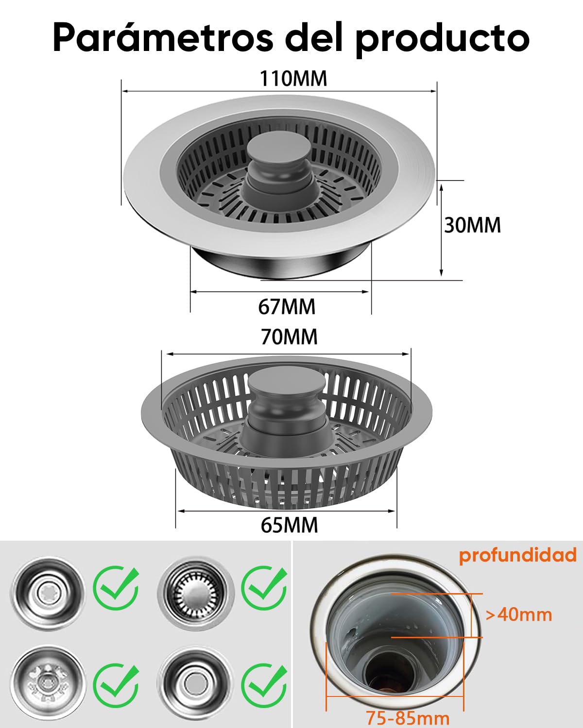 Tapon Fregadero Cocina y colador Fregadero combinación, 3 en 1 de Acero Inoxidable Accesorios Cocina para desagües, Protectores Ideales para Tapones Fregadero Cocina