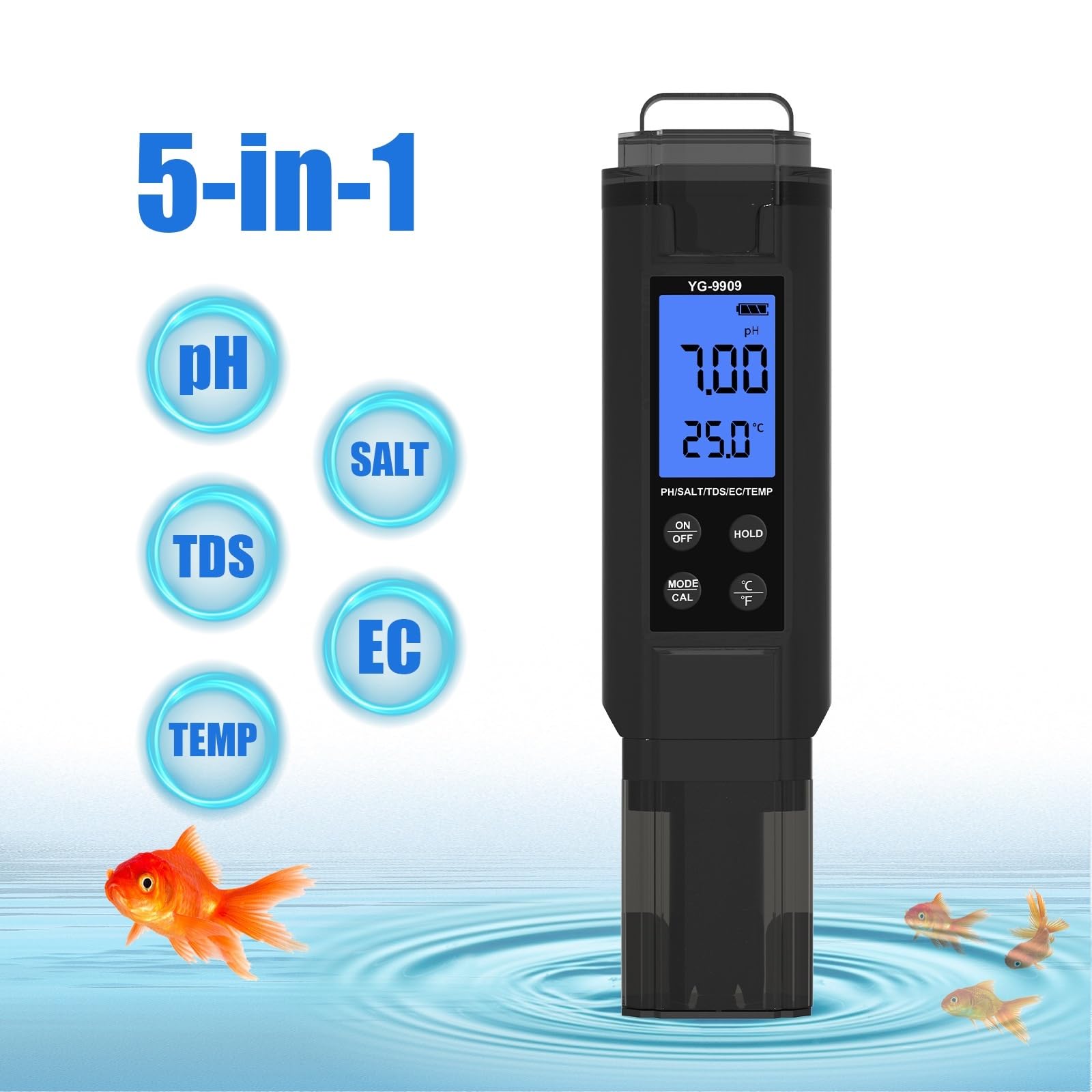 PH Mètre, Testeur 5 en 1 de salinité, pH, conductivité électrique (EC), TDS, température et ppm, haute précision (résolution de 0,01), for aquarium, hydroponie et piscine.