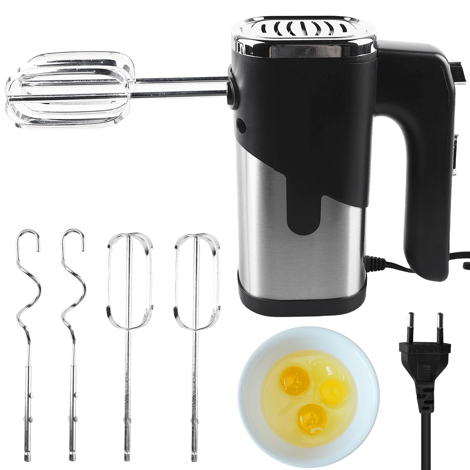 Frullatore a mano, 800 W, 7 velocità, miscelatore elettrico, mixer manuale con 4 accessori in acciaio inox, impastatore manuale in acciaio inox, miscelatore manuale, miscelatore da cucina (nero)