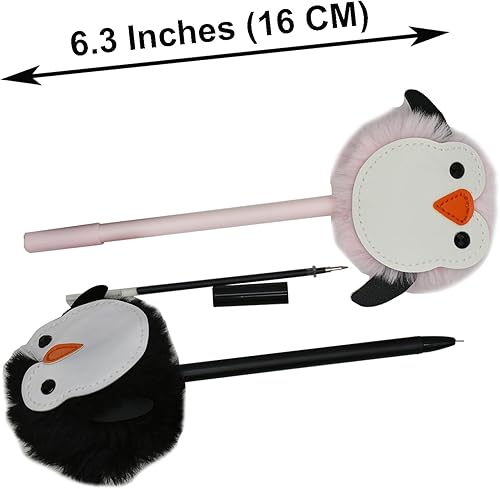 Miniatura 2 de Maydahui 6 bolígrafos de gel de peluche con forma de pingüino y pompón, bola de piel esponjosa, bolígrafo de gel de dibujos animados, tinta negra