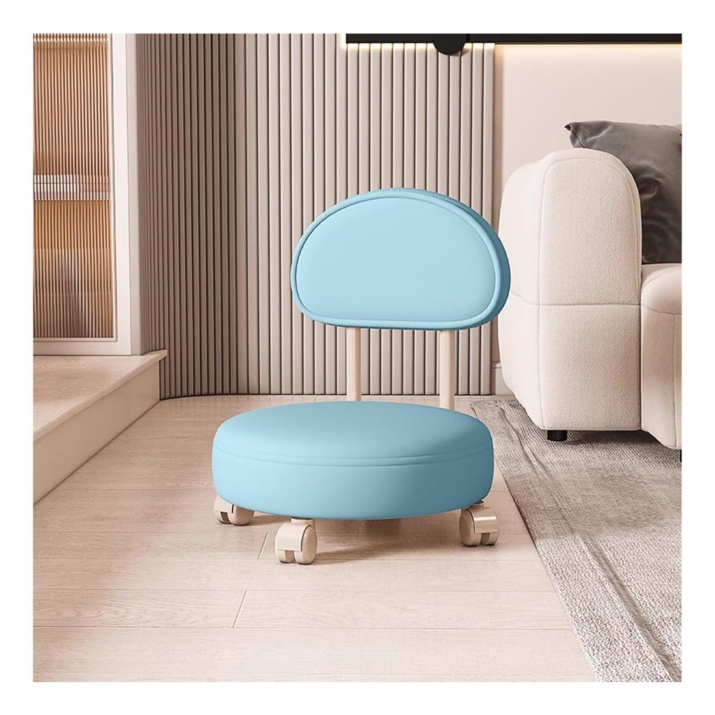 Wdsopk Blue 360° Rotating Low Stool With Backrest,Rolling Pulley Stool Low Stool With Wheels,Shoe Changing Makeup Cleaning Chair Faux Leather Ottoman Pulley Chair（Blue）
