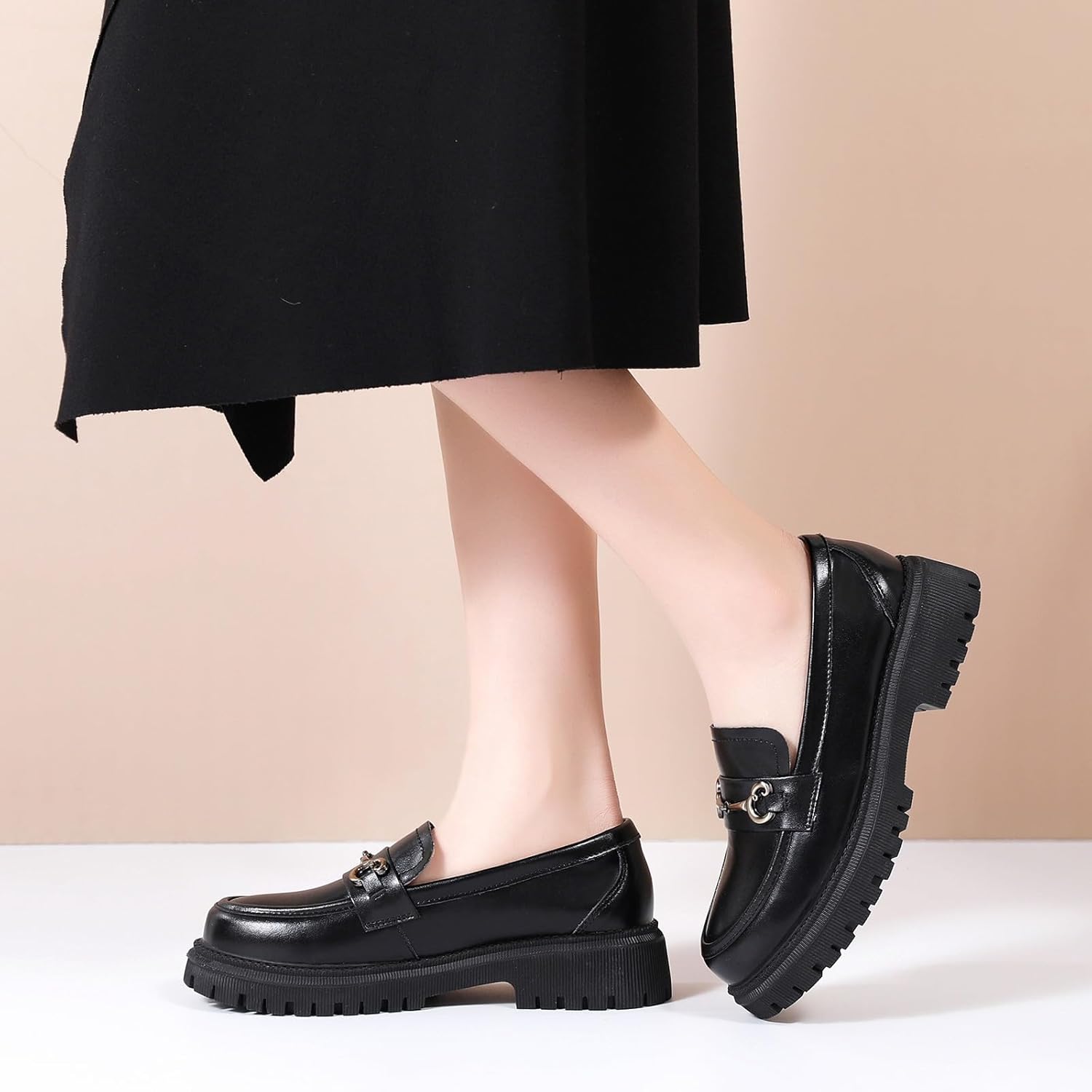 OKJ Black Loafers for Women Chunky Women's Loafers & Slip-ons Penny Comfort Shoes Metal Chain Dressy Office Work Slip on Platform Loafers for Womens Ladies Shoes - Image 4