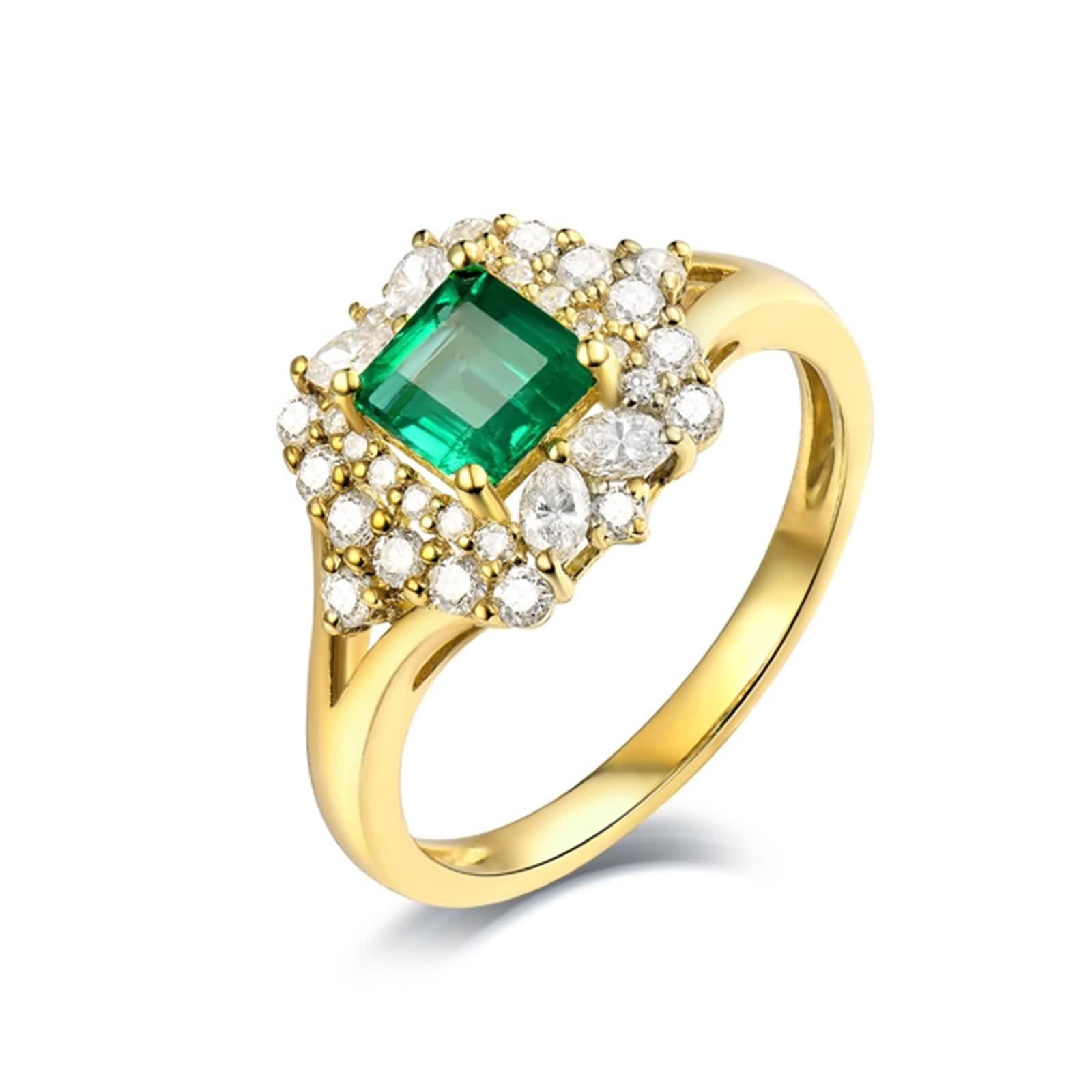 Anillo Esmeralda, Anillos Mujer Joya Oro Amarillo de 18K Esmeralda Cuadrada de 4 Puntas de 0,59 ct Con Diamante de 0,55 ct para Aniversario