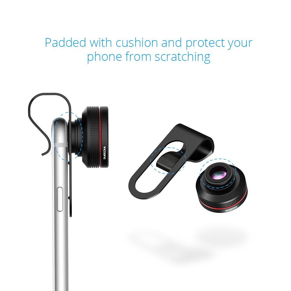 Diagram showing the universal clip with soft cushions being attached to a smartphone, aligning the external lens with the phone's camera.