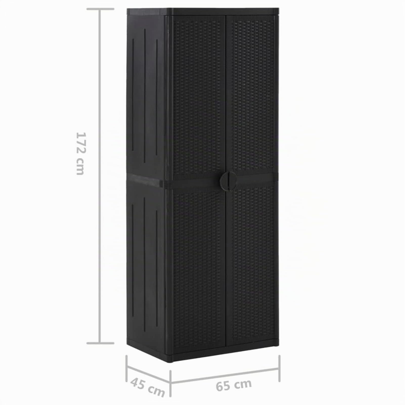 Armario de jardín multifunción con Soporte para escobas y 4 estantes, para Interior y Exterior, Color Negro, 65 x 45 x 172 cm, Aspecto de ratán