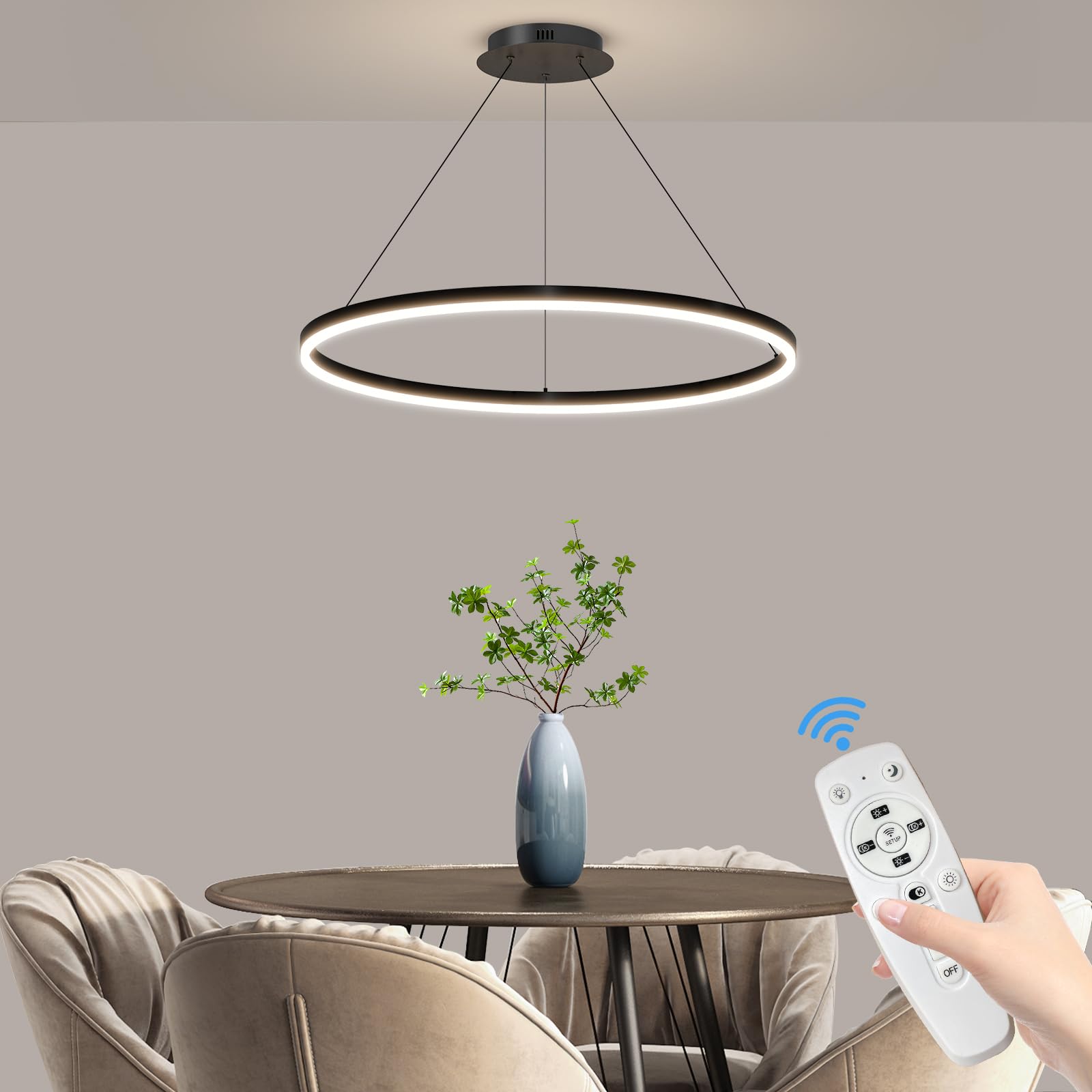Mikeru Modern Round Pendant Light - 60cm Dimmable 3000k/4500k/6500k Height Adjustable 1.5m Suspended Design with Memory for Kitchen Island, Living Room, Bedroom — image 1