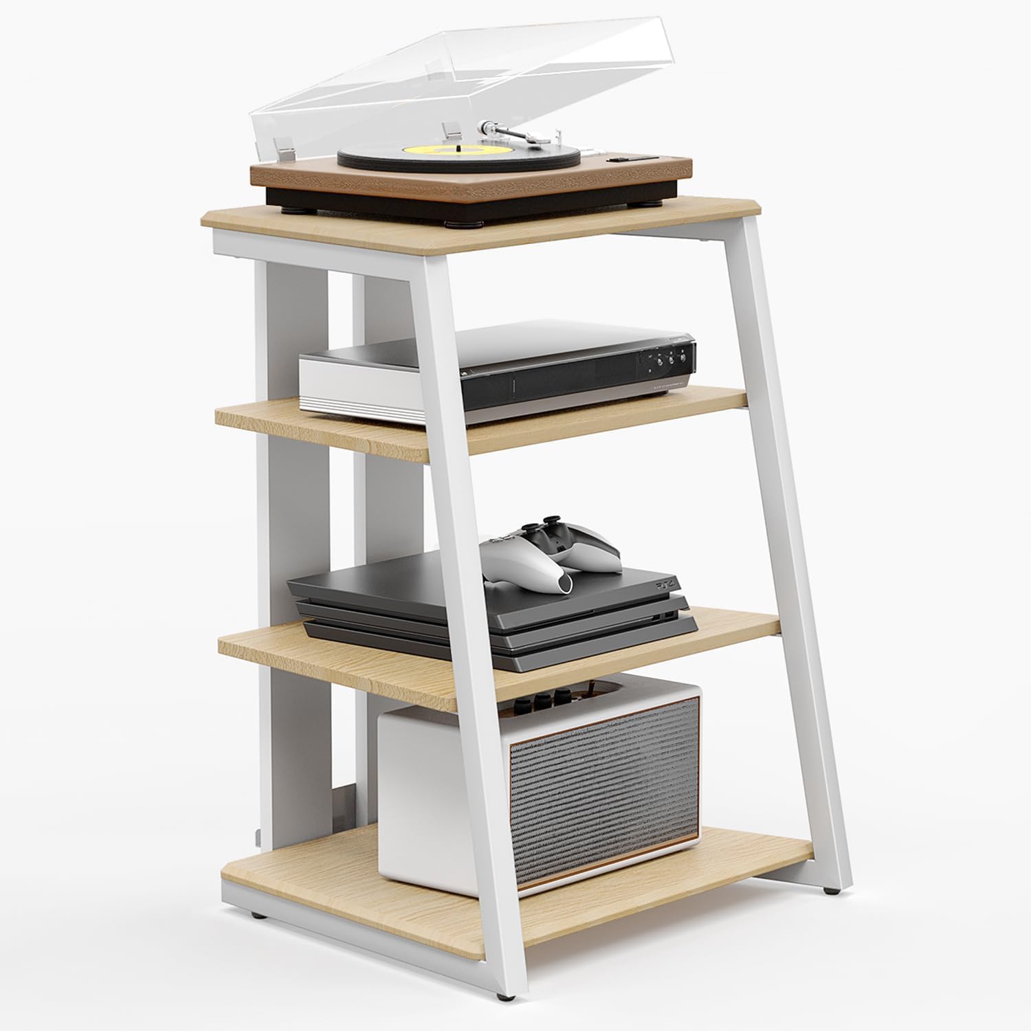 DESIGN HIFI Stand Record Player Stand 4-Tier Wooden Shelves for av amp/Turntable/Sky box/Xbox One/Printer Multifunctional Height Adjustable Load Capacity 50KG