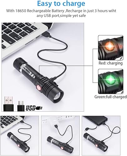 Miniatura 3 de Linternas recargables por USB, linterna LED táctica, 4 modelos, zoomable, impermeable, linterna de alto lúmenes con clip para camping, senderismo y
