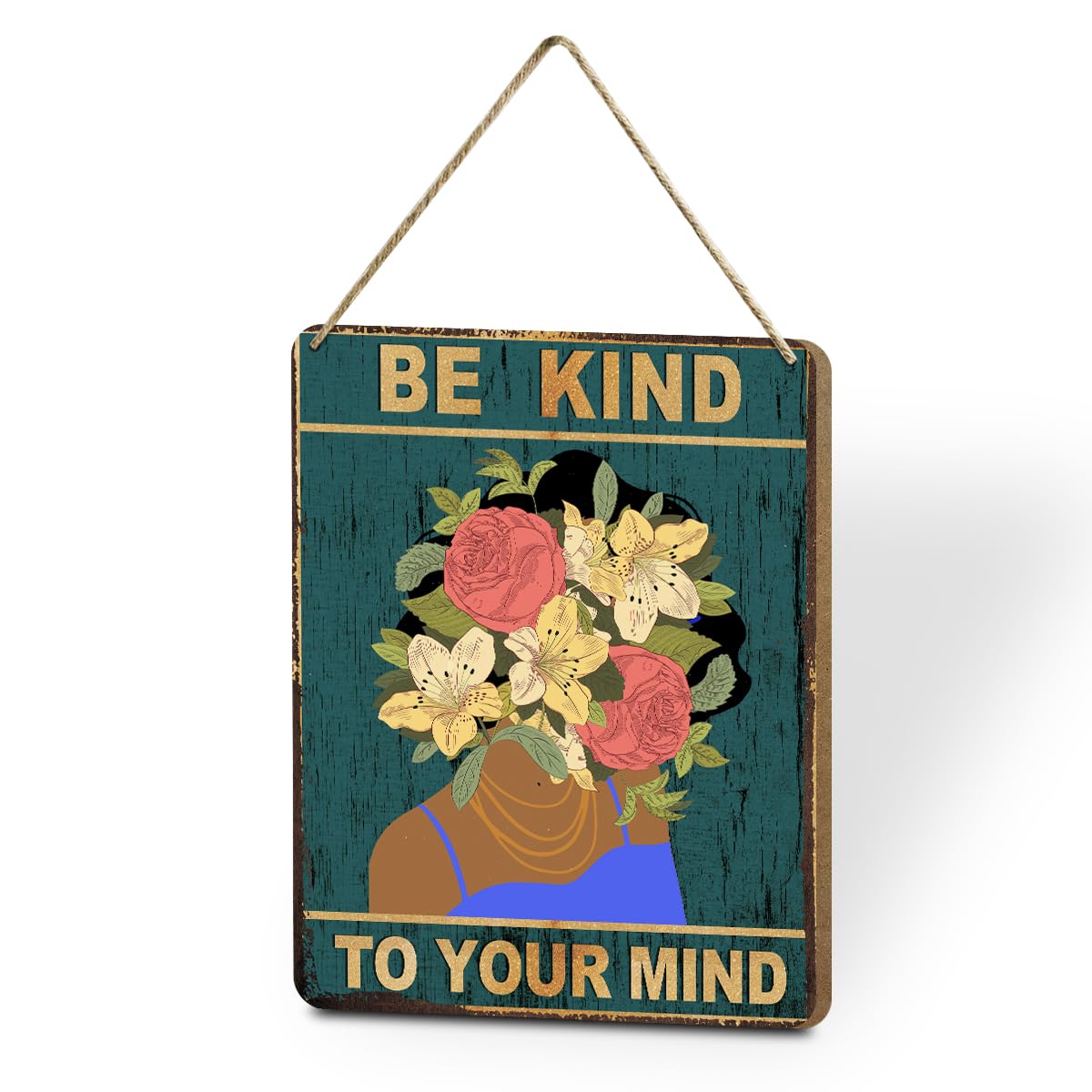 Rustic Wood Sign Be Kind to Your Mind Black Women Wall Decor Vintage Wall Hanging Decor Inspirational African American Woman Flower Abstract Wall Art for Office Family Bedroom Living Room Kitchen