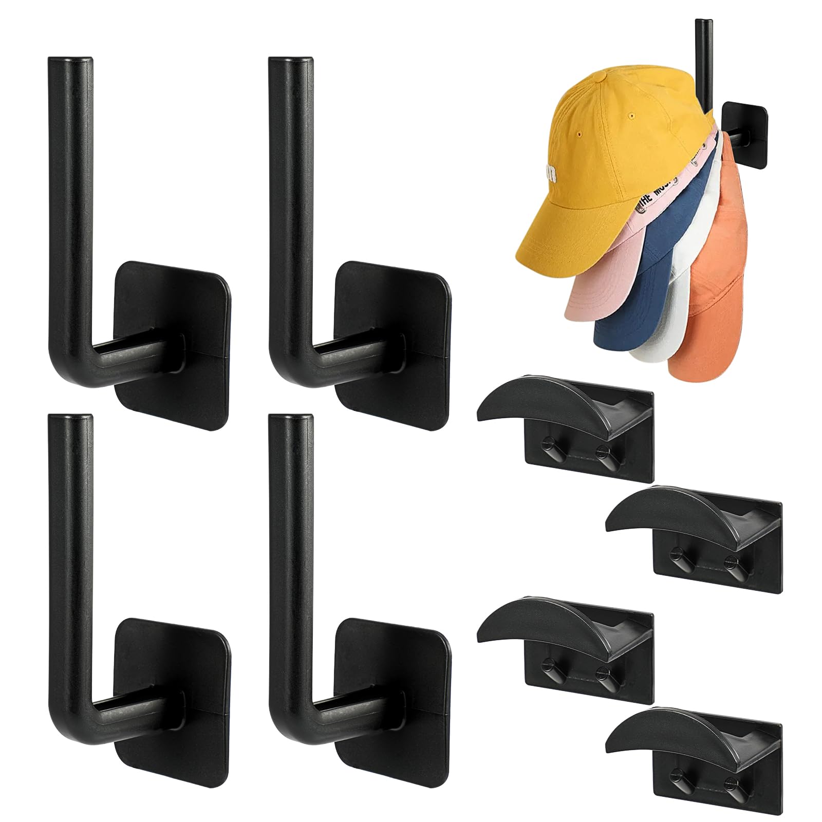 Porta Cappelli Adesivo Da Parete - Set 8 Ganci Per Cappelli, Cuffie O Asciugamani, Nero - Foto 5