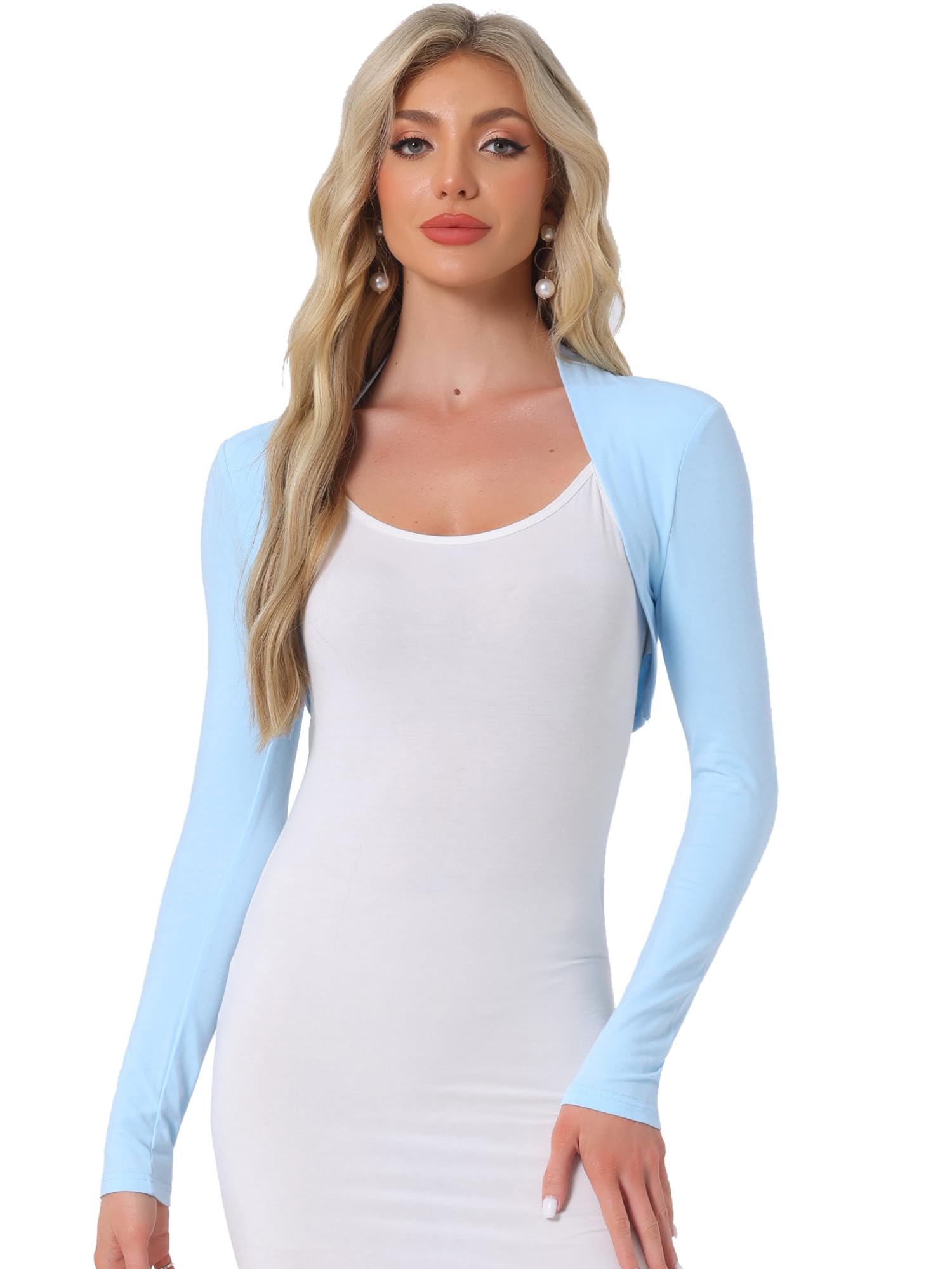 Allegra K Boléro court en coton élégant couleur unie à manches longues pour femme