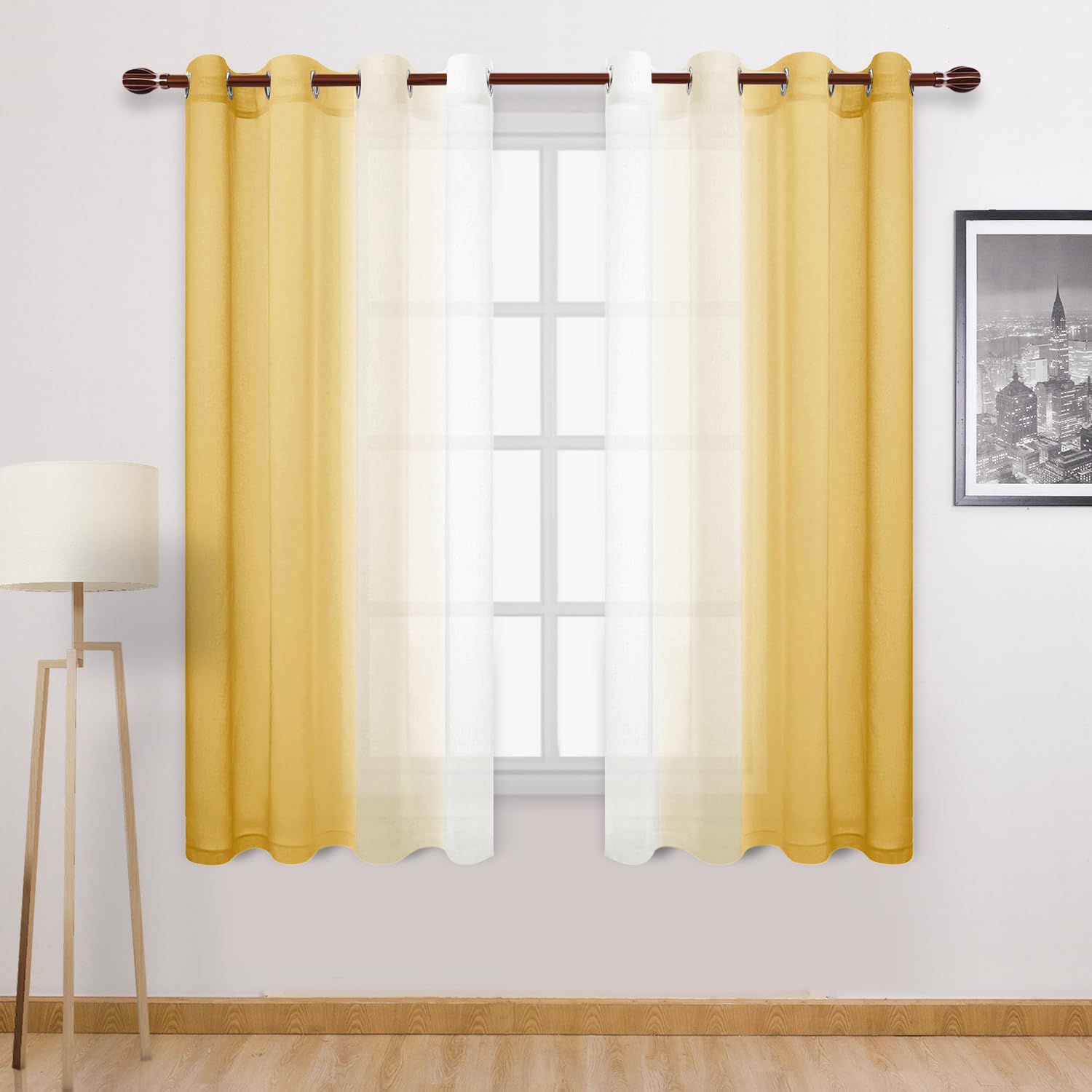 DWCN Ombre Sheer Curtains - Faux Linen Semi Voile Gradient Light-Filtering Bedroom and Living Room Curtains, Set of 2 Grommet Top Window Drape Panels, 52 x 72 Inch Length, Mustard Yellow
