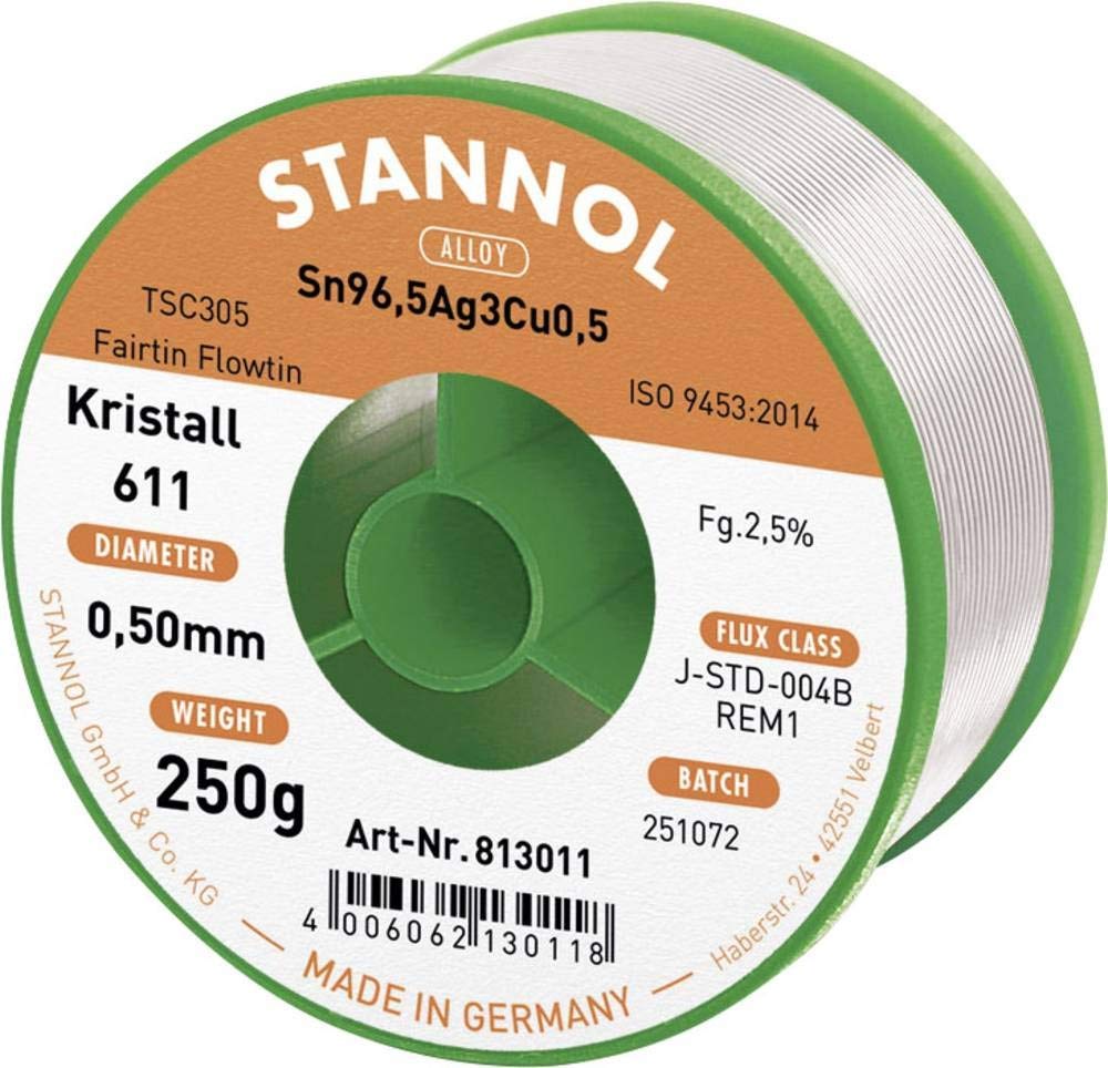 Stannol 813011 FLOWTIN TSC305 Fairtin Kristall 611 - Alambre de soldar (0,5 mm de diámetro, bobina de 250 g)