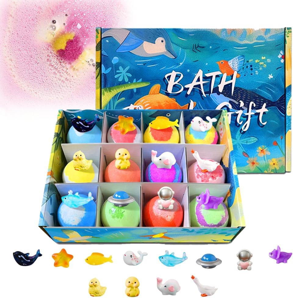 2026 New Bath Bombs with Surprise Inside, Ocean Toy Bath Salt Ball Sleeve Box Bath Bombs, 12-Pack Easter Gifts Bubble Easter Basket Stuffers Easter Egg Fillers (Sea Animal 12pcs)