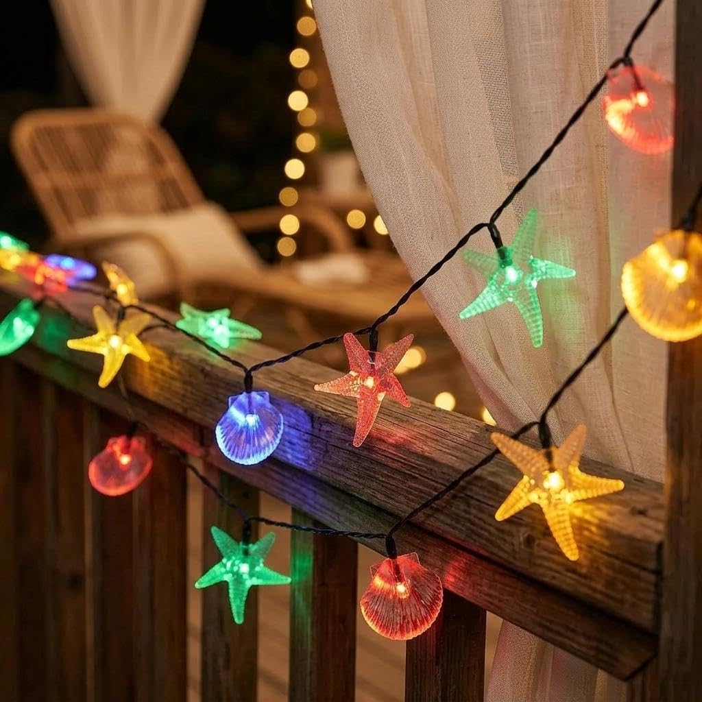 HHMTAKA Solar Fairy Lights Outdoor Waterproof 50LED Starfish Solar Garden Lights 8 Mode 9.5M Indoor/Outdoor Seashell String Lights for Garden Patio Yard Home Christmas Parties Wedding (Multicolour)