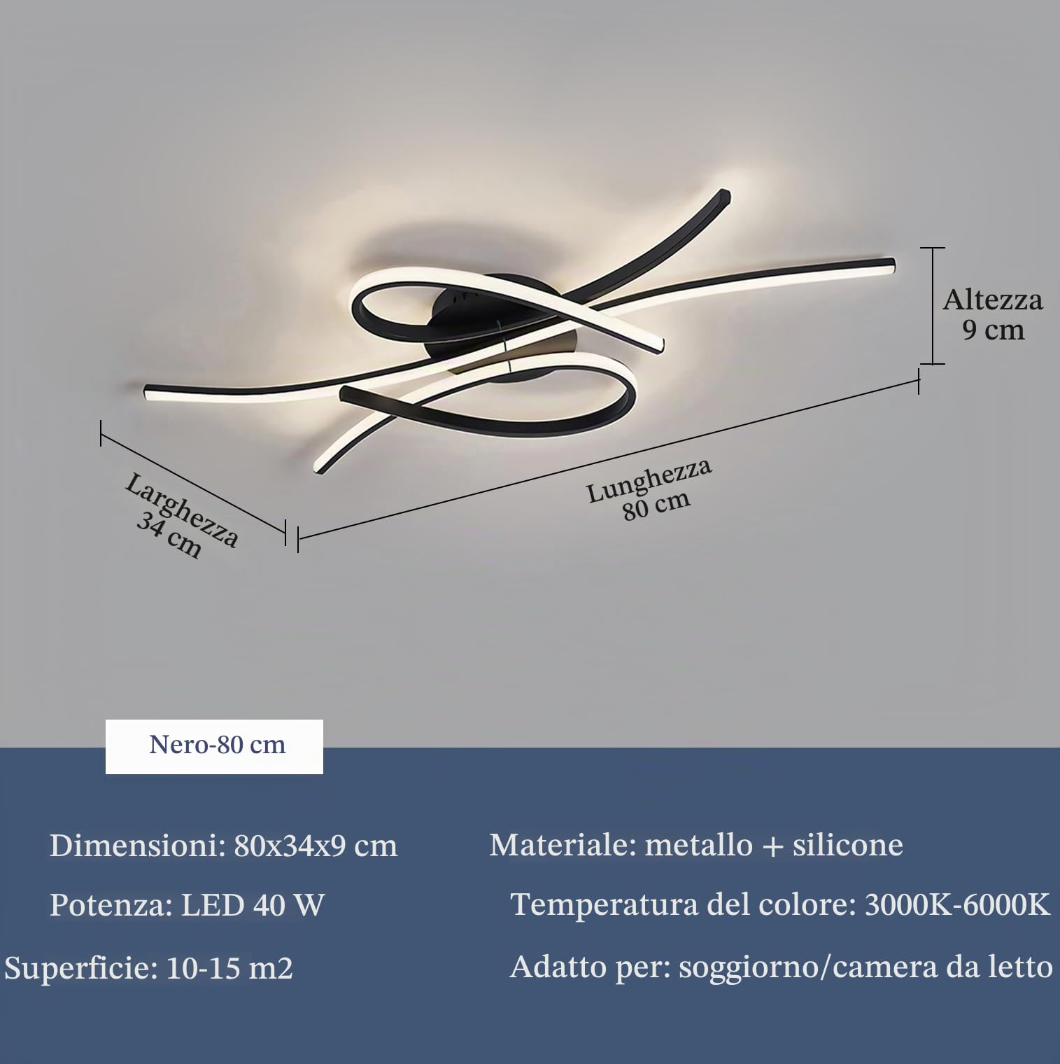 Plafoniera LED Dimmerabile Lampada da soffitto Nero 40W Moderna soggiorno con telecomando Design creativo Illuminazione lampadario in metallo acrilico per soggiorno camera da letto sala da pranzo 80cm