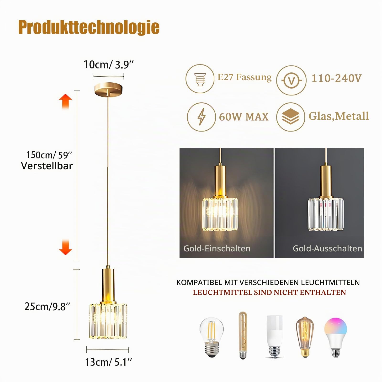 Moderne Mini Kristall Pendelleuchte für Küche Insel Esszimmer Schlafzimmer,Gold Kristall Decke Lampe Hängelampe(1-Flammig)
