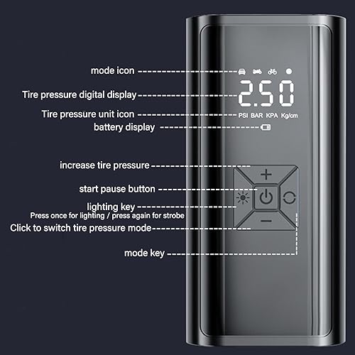 Miniatura 7 de Bomba de compresor de aire portátil de 150 PSI con pantalla digital, banco de energía de 6500 mAh, linterna LED de apagado automático y adaptadores