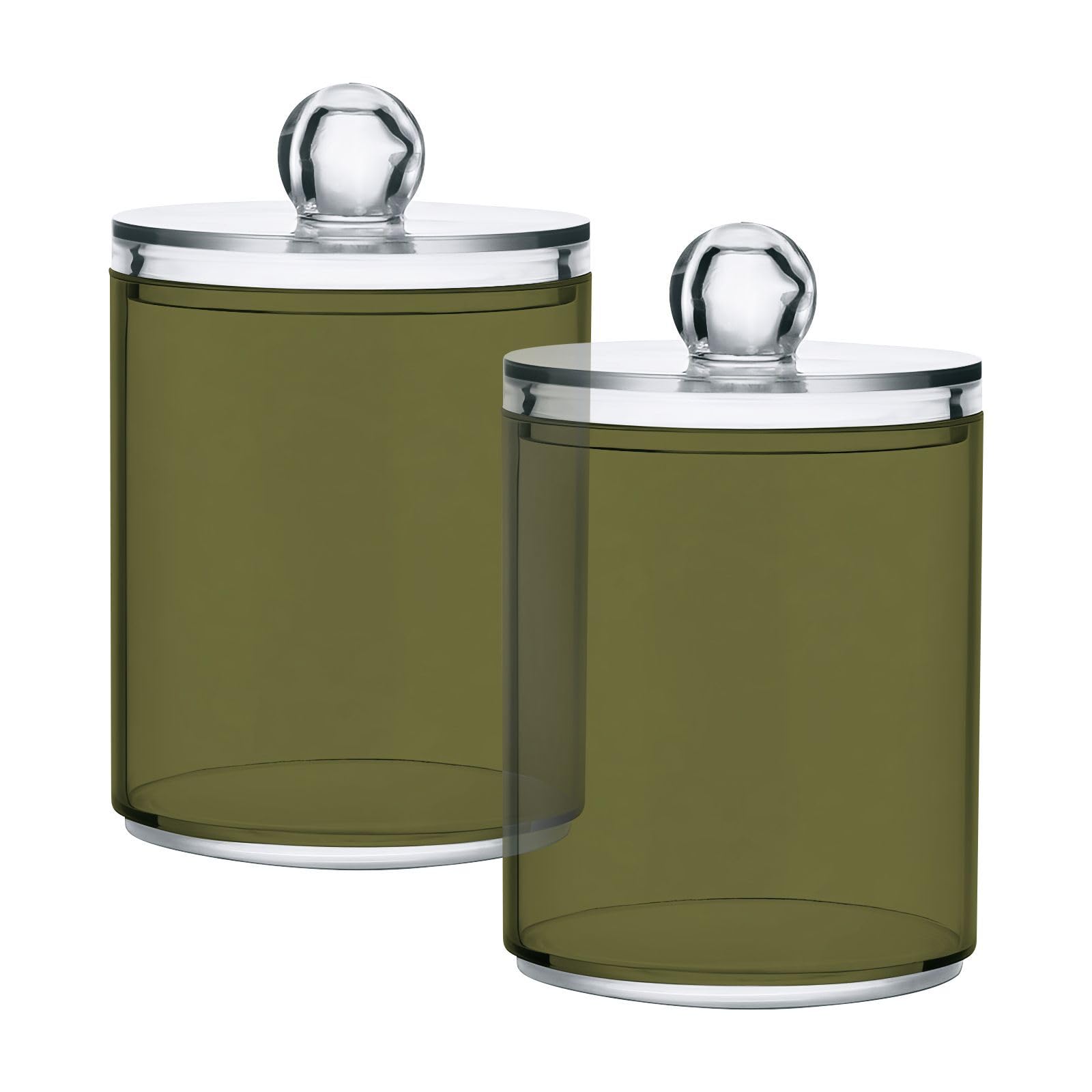 Haskirky 2 Pack Olive Green Solid Color Qtip Holder Dispenser,Clear Plastic Apothecary Jars with Lids Home Decor Kitchen Storage Jar for Cotton Ball, Cotton Swab,Floss,10 OZ