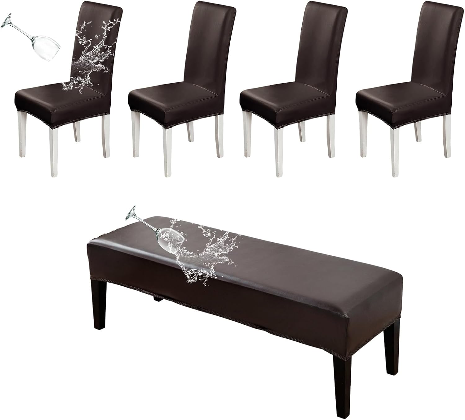 Eco-Ancheng Waterproof PU Leather Dining Chair Covers Set of 5 with Bench Chair Cover Parsons Chair Slipcover Upholstered Bench Slipcover for Dining Room Hotel Restaurant-5 Piece