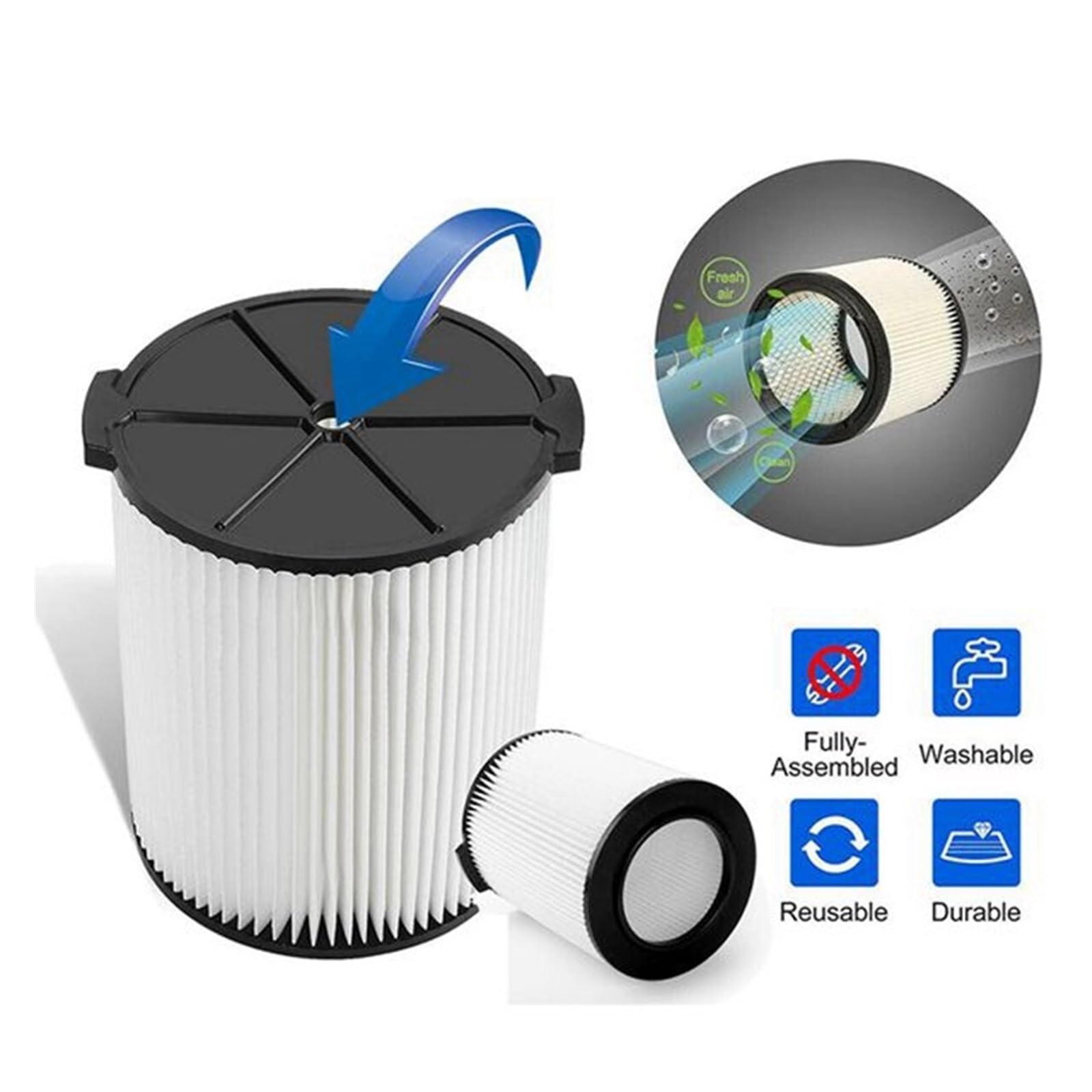 Lipski Reemplazo de Filtro HEPA de aspiradora en seco y húmedo estándar de 2 Piezas, Lavable, Compatible con Filtro de aspiradora Ridgid VF4000 Vac de 5-20 galones