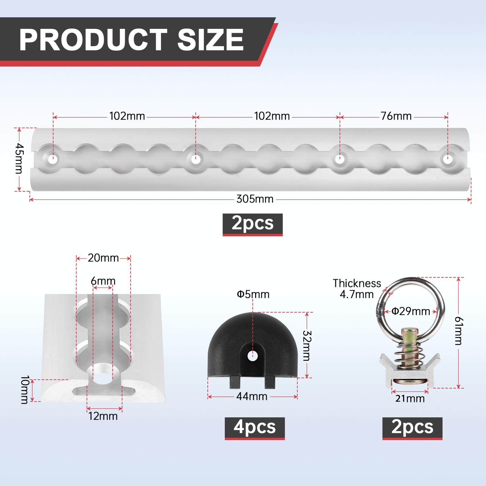EXLECO 2pcs 30cm Aluminium Airlineschiene eloxiert, UV-Schutz, mit Endkappen & Zurrösen, Airline Schiene eckig Airlineschiene Ladungssicherung Zurrschiene Zubehör für Anhänger Wohnmobil LKW, Silber