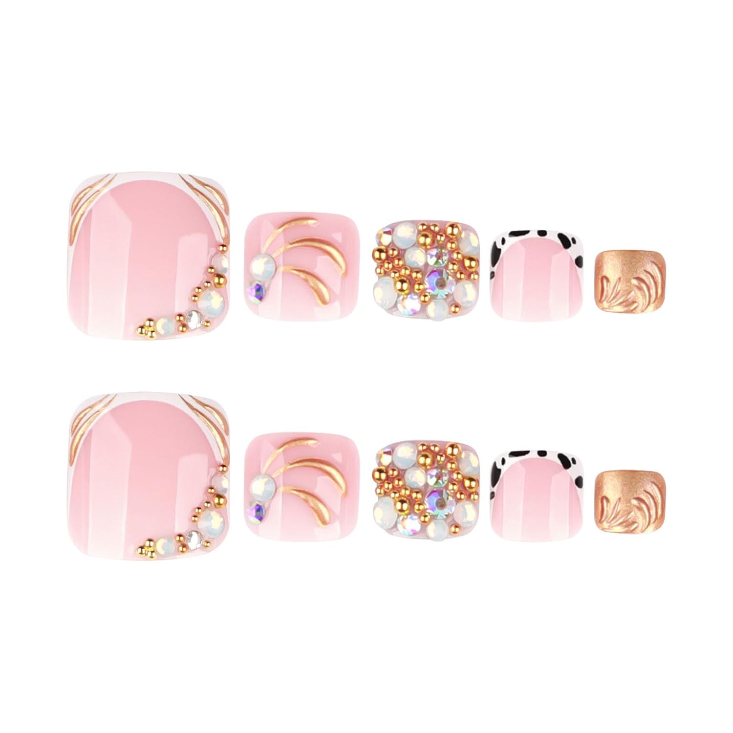 RUOKEXIN Short Press on Toenails French Tip Fake Toenails with Gold Rhinestones Designs Square Toe Nail Press ons Sparkly Artificial Nails for Women 24Pcs