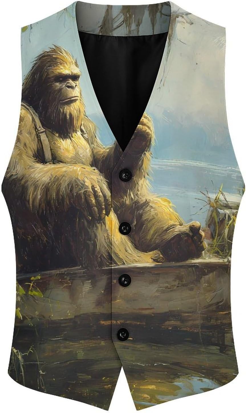 Bigfoot Drinking In Boat Men's Suit Vest Business Tuxedo Dress Vests Waistcoat Wedding Party