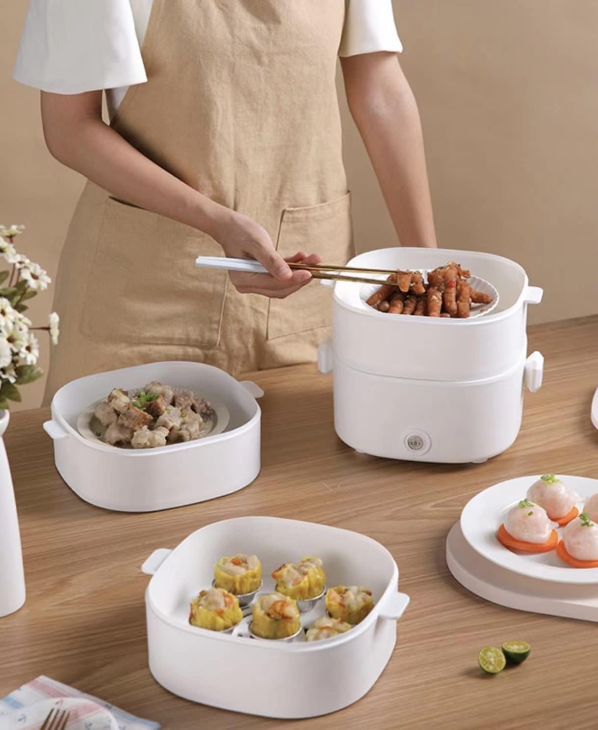 JYYBN Electric Hot Pot Portable Electric Skillet Hot Pot Multi Cooking Machine Dormitory Multifunction Non-Stick Pan,White,2layers