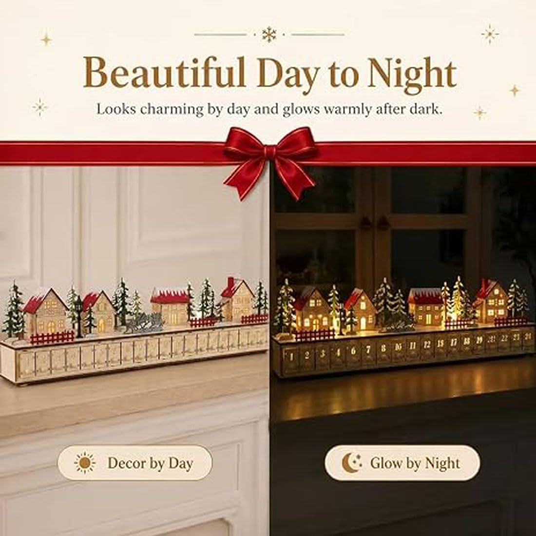 Calendario de Adviento de Madera con Iluminación LED, 24 Cajones (A) | Rueda de Adviento de Madera con Cuenta Regresiva de 24 Días para Decoración Navideña